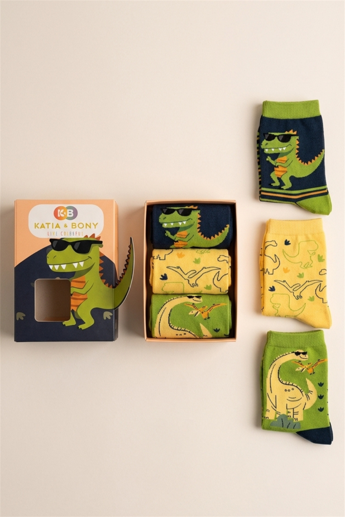 Çocuk 3D Dinozor Desenli Kutulu 3lü Soket Çorap 