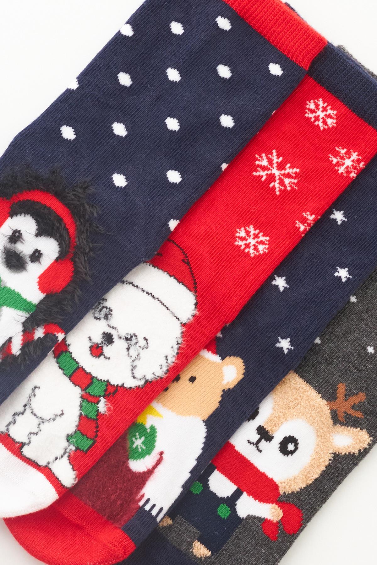 Childrens 4-Piece Animal Pattern Christmas Socks in Navy Mixed