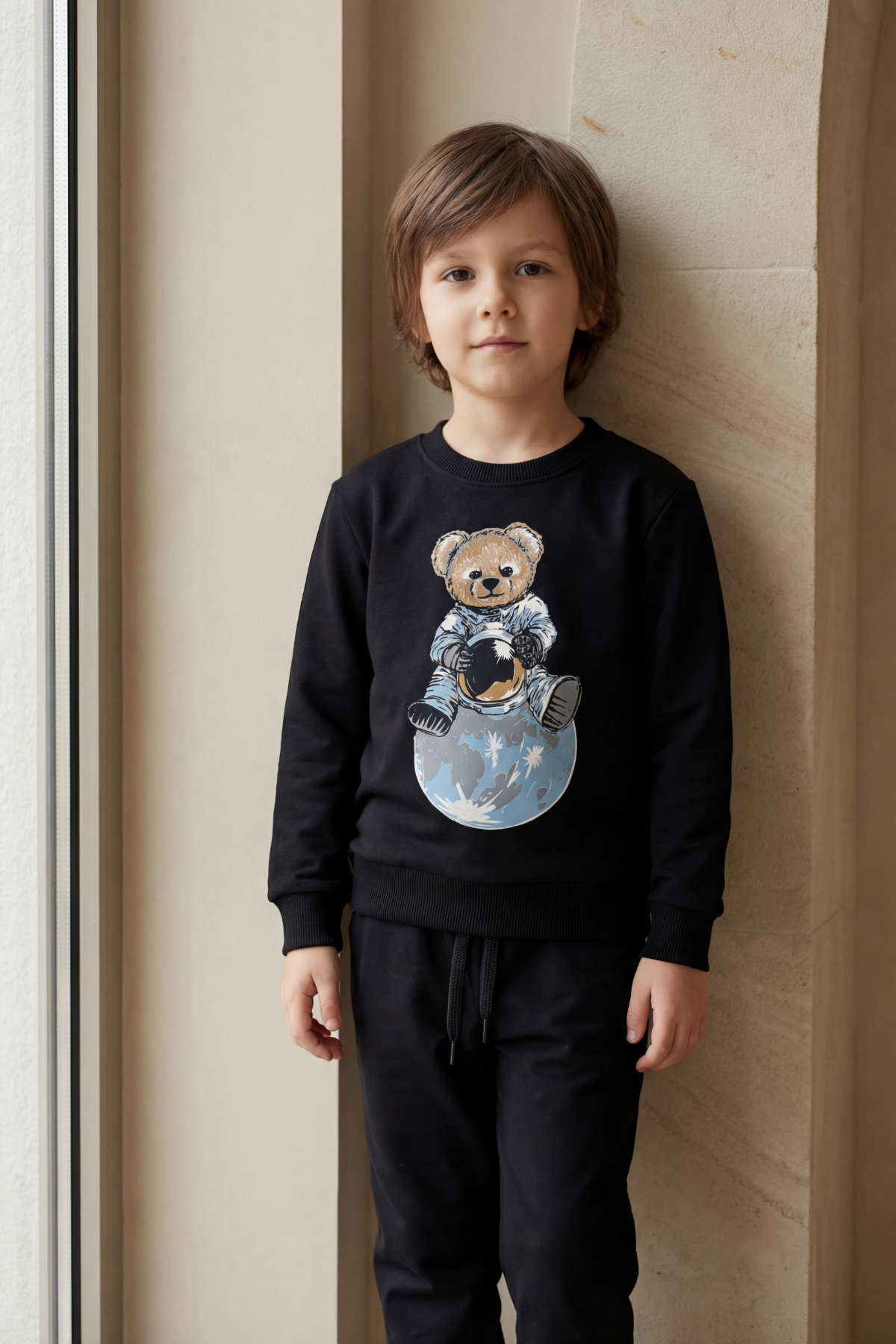Kids Astronaut Teddy Patterned Tracksuit Set Black