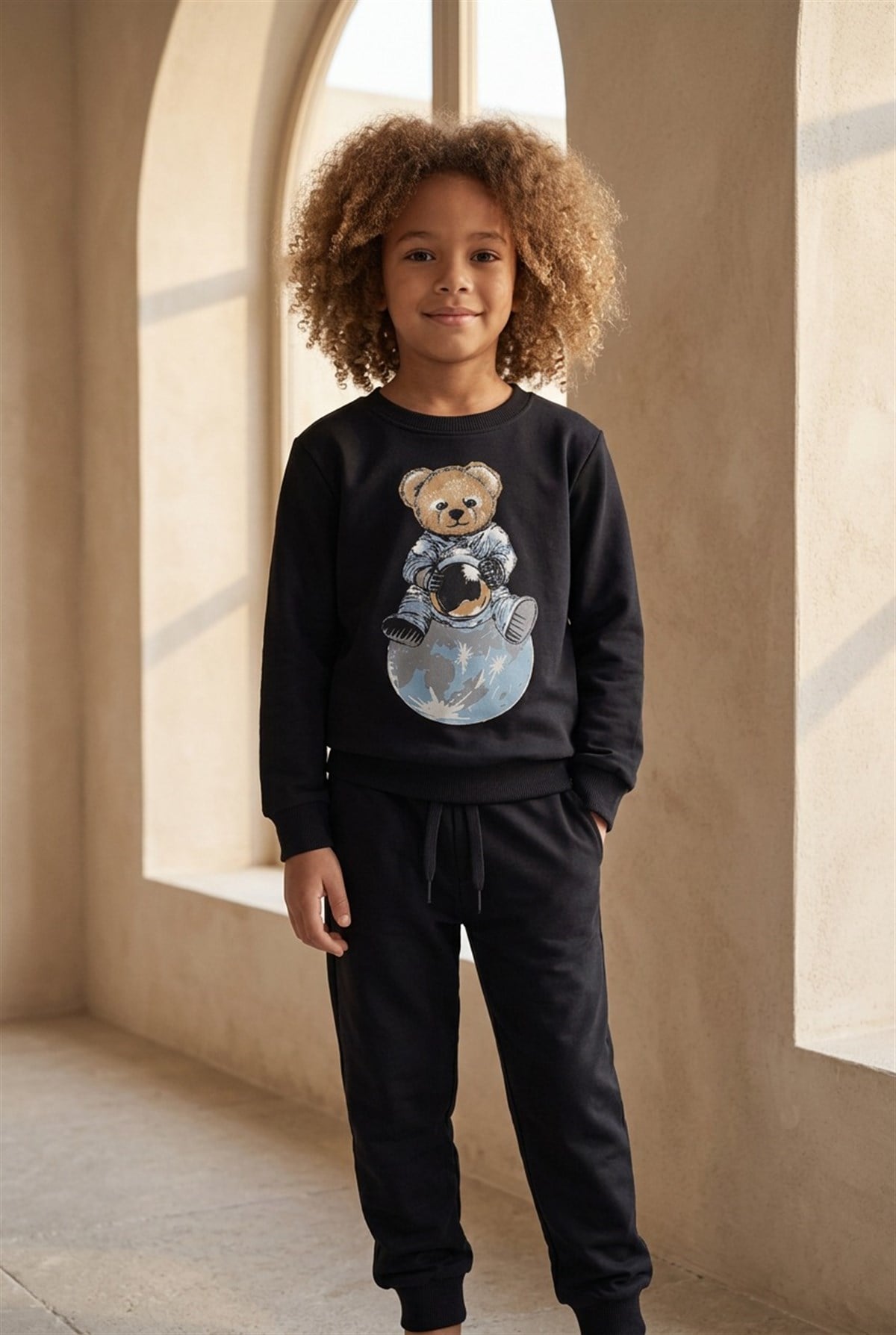 Kids Astronaut Teddy Patterned Tracksuit Set Black