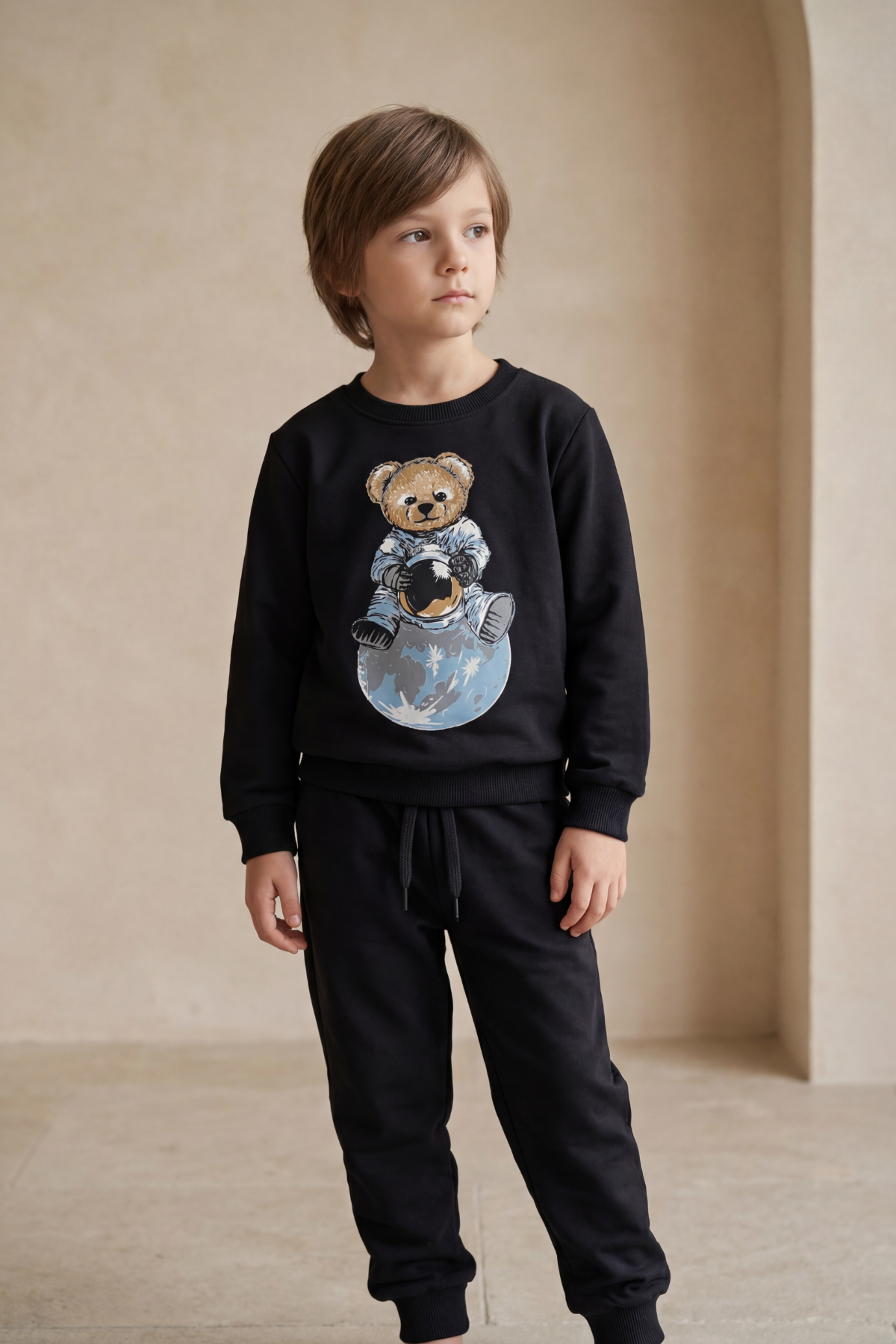 Kids Astronaut Teddy Patterned Tracksuit Set Black