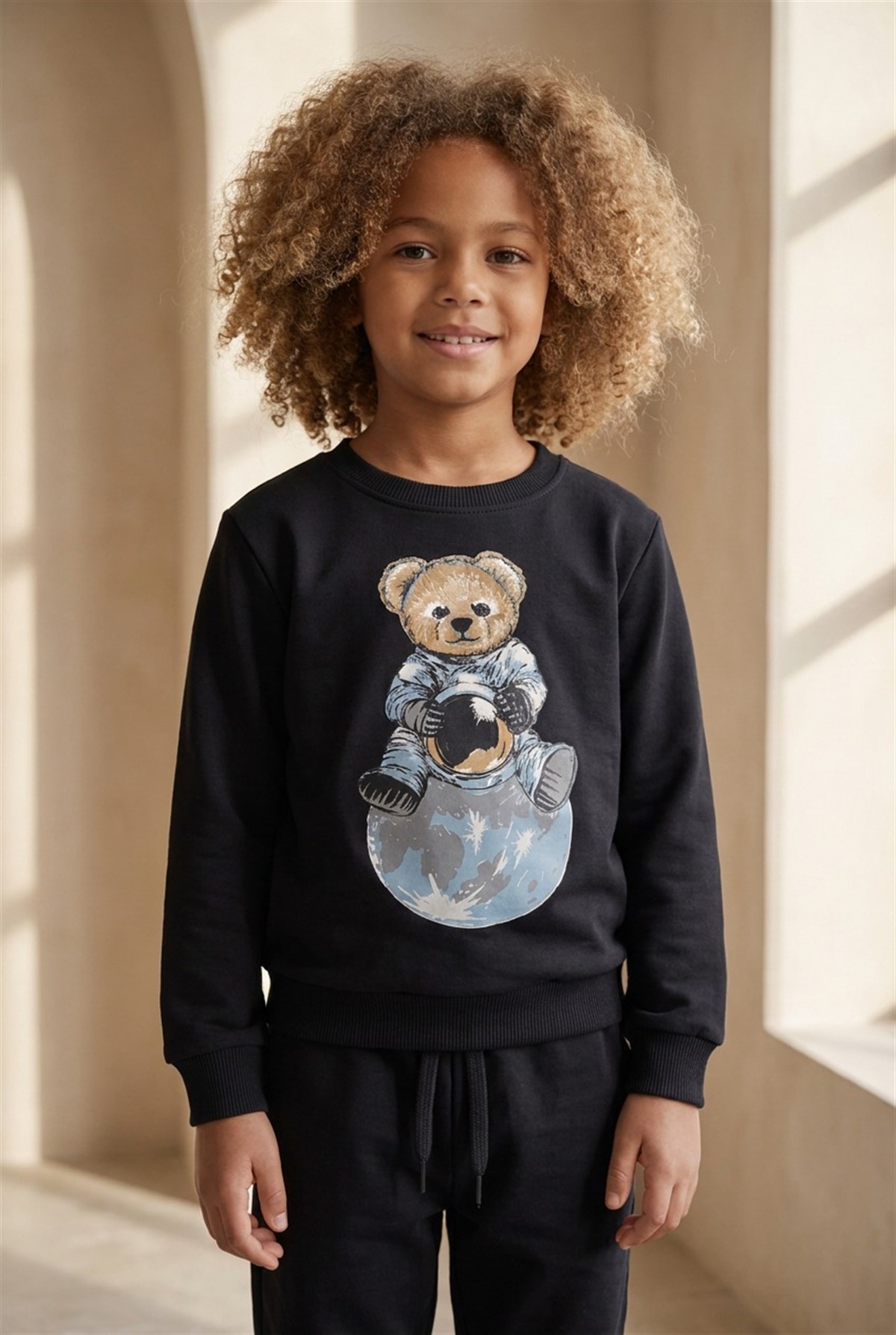 Kids Astronaut Teddy Patterned Tracksuit Set Black