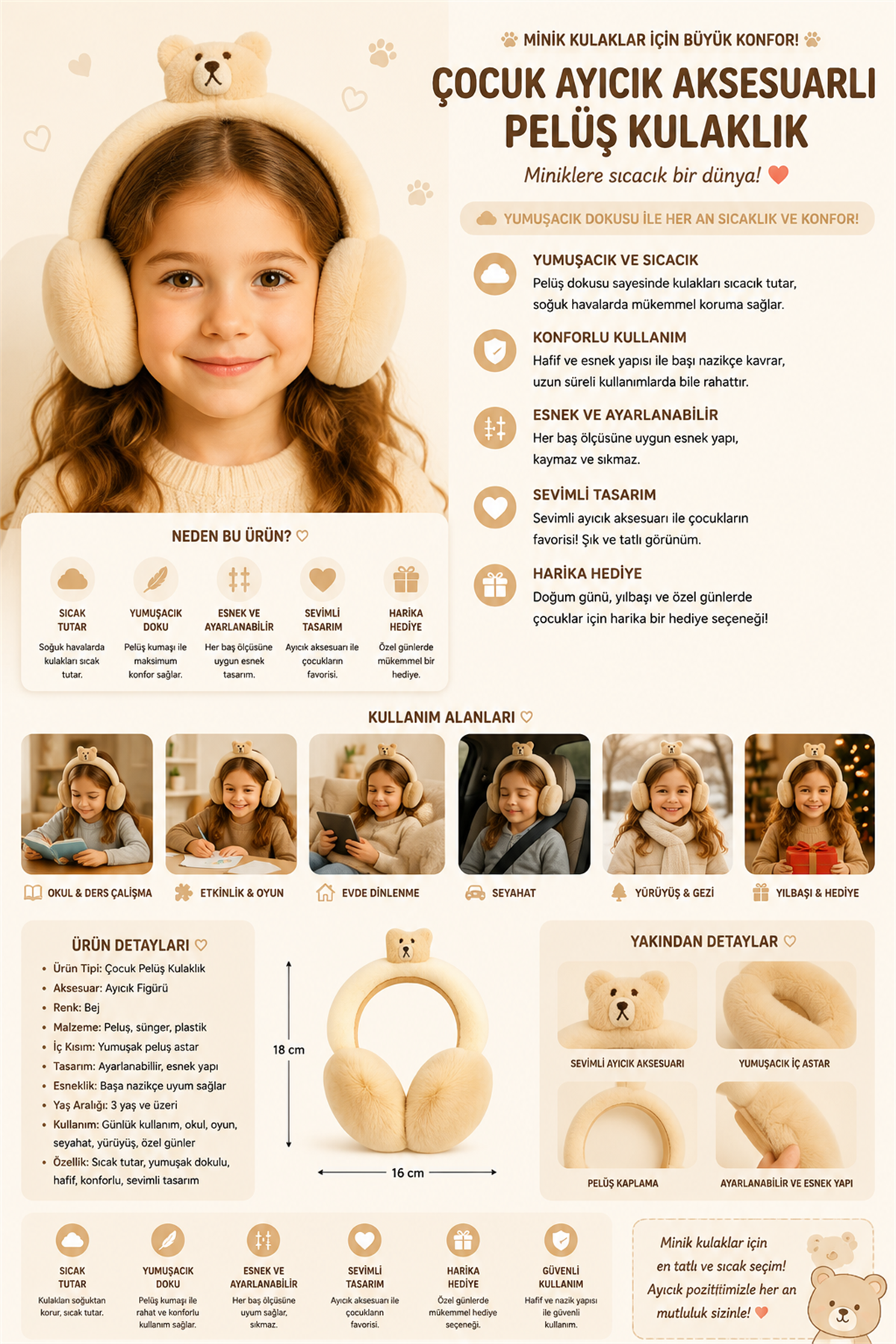 Çocuk Ayıcık Aksesuarlı Peluş Kulaklık