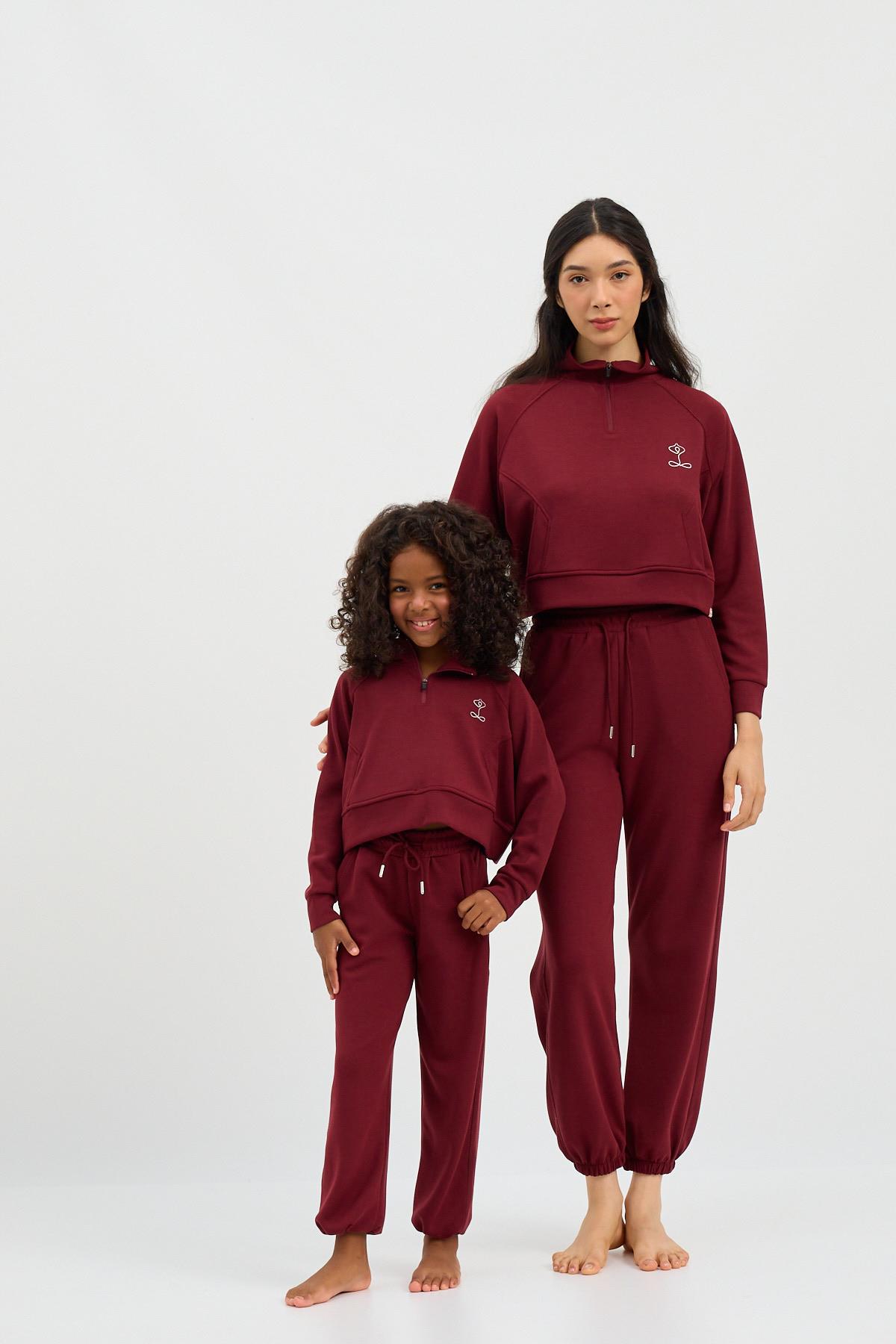 22410K2011 BASIC FLUFFY UNISEX ÇOCUK PAÇA LASTİKLİ PANTOLON BORDO