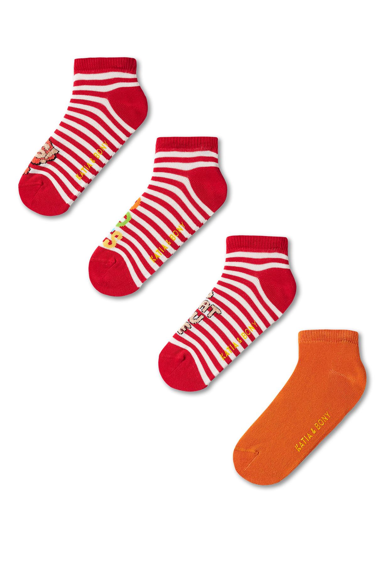 Çocuk Basklı Kırmızı Beyaz Çizgili 4'lü Paket Patik Çorap