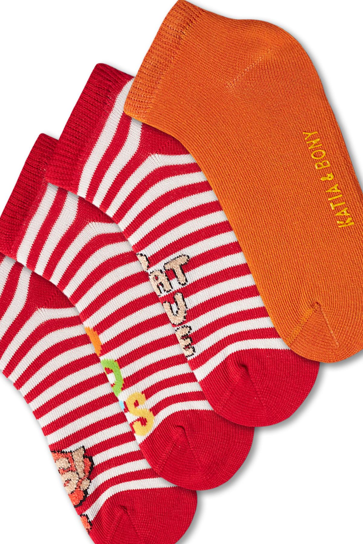4-Piece Pack Childrens Printed Red and White Striped Ankle Socks
