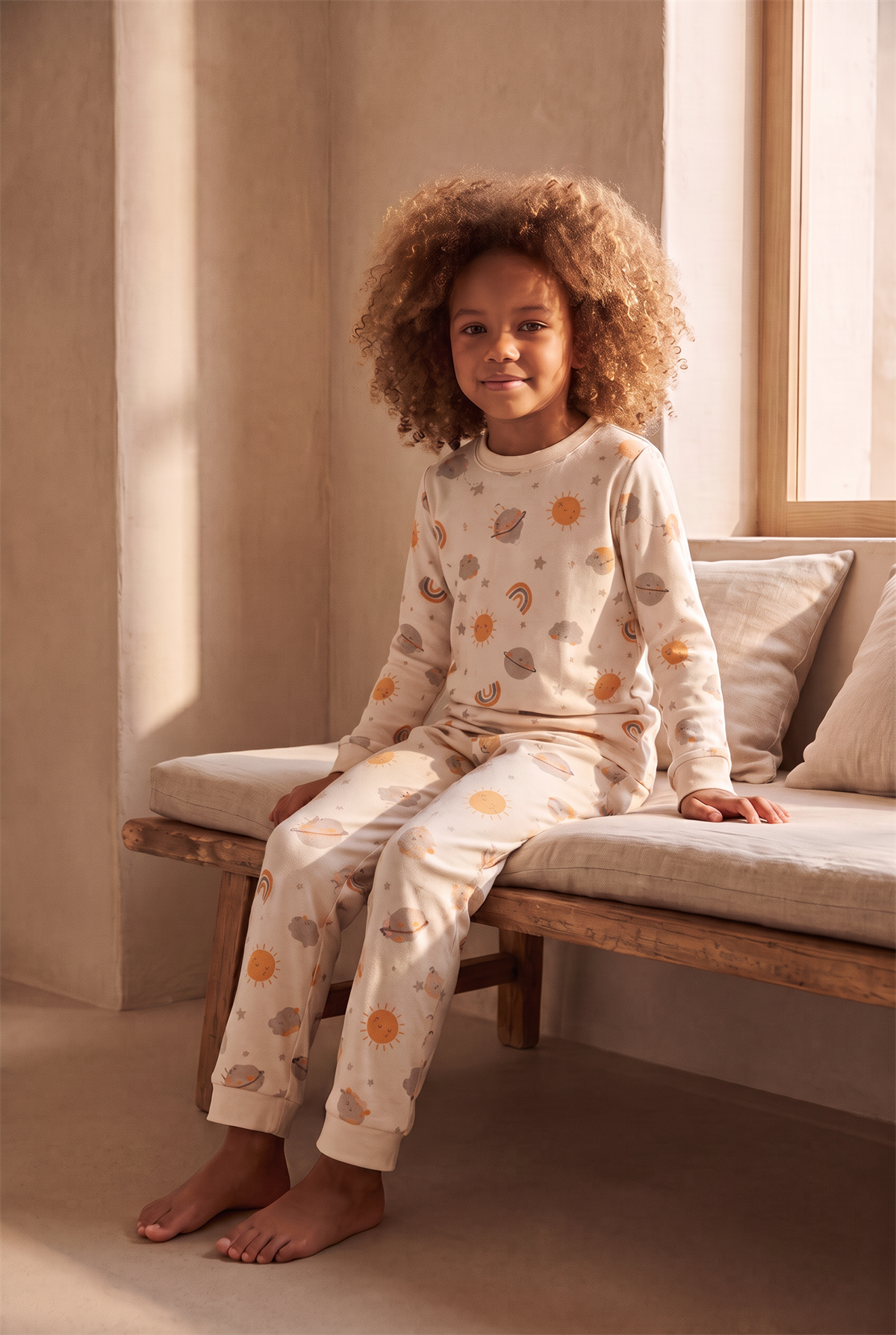 Çocuk Gezegen Desenli Pijama Takımı Ekru