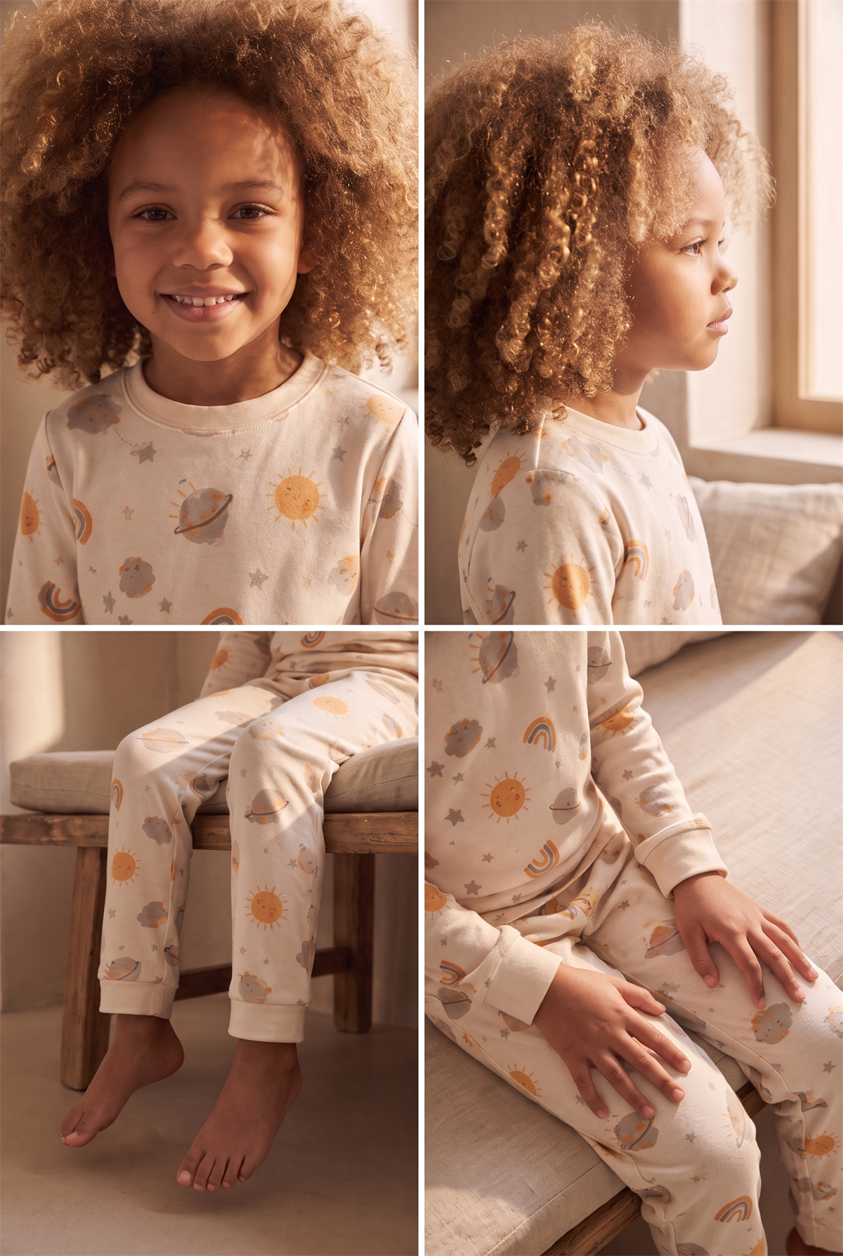 Çocuk Gezegen Desenli Pijama Takımı Ekru
