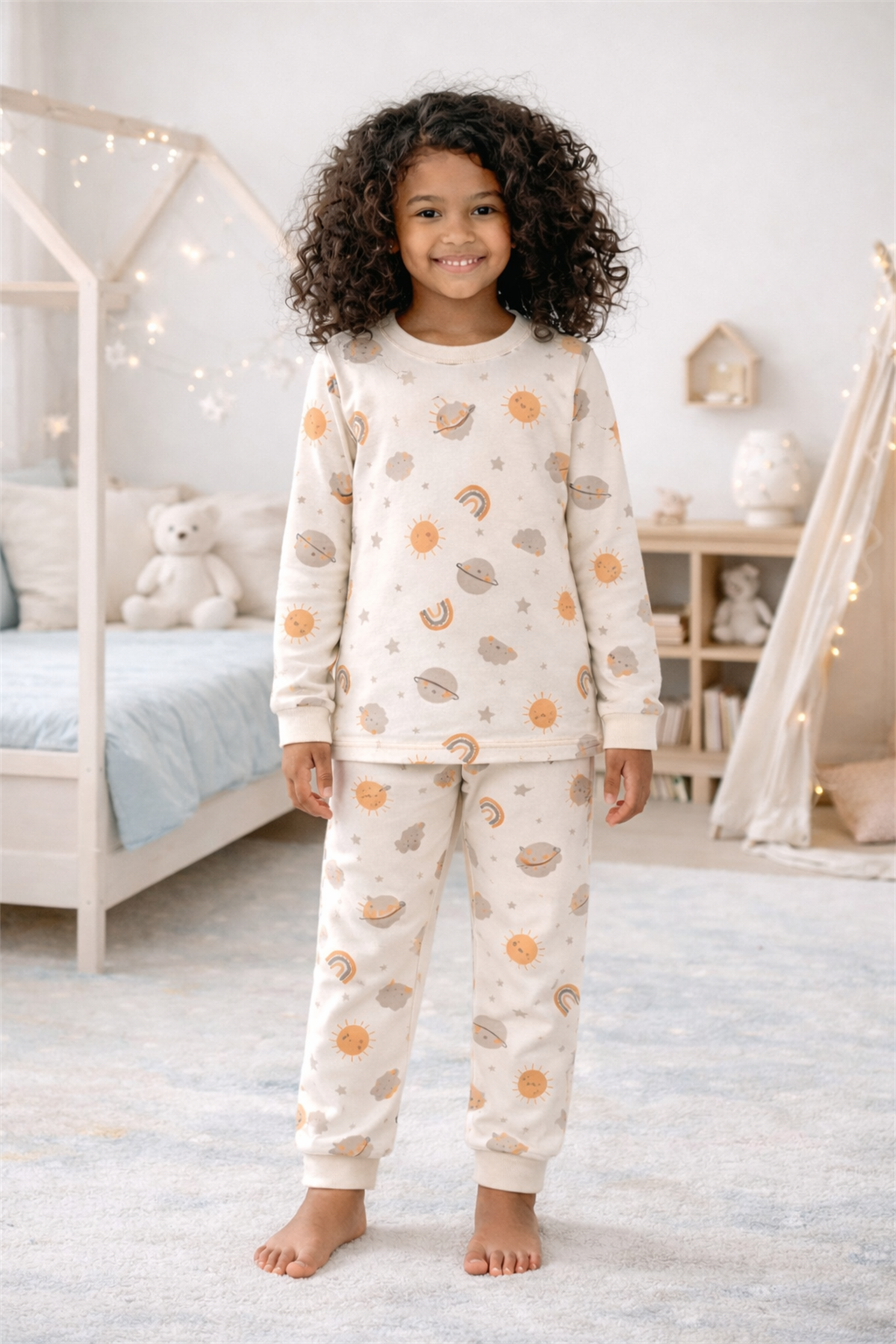 Çocuk Gezegen Desenli Pijama Takımı Ekru