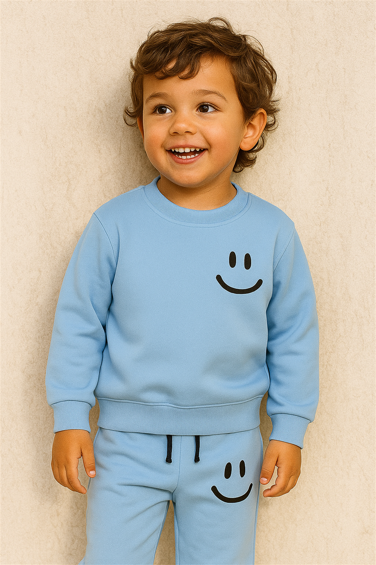 Çocuk Gülen Surat Baskılı Eşofman Takımı Mavi