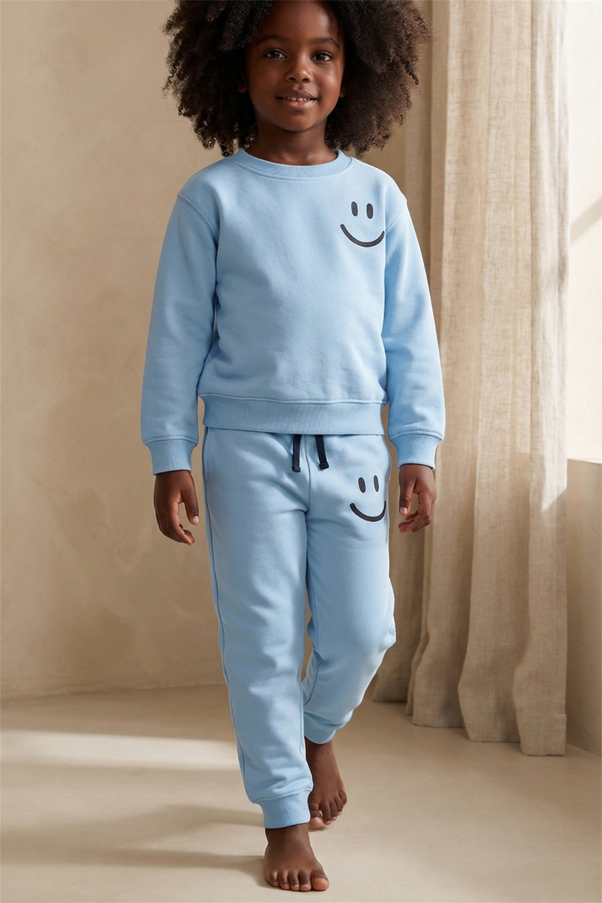 Childrens Smiling Face Printed Tracksuit Set Blue