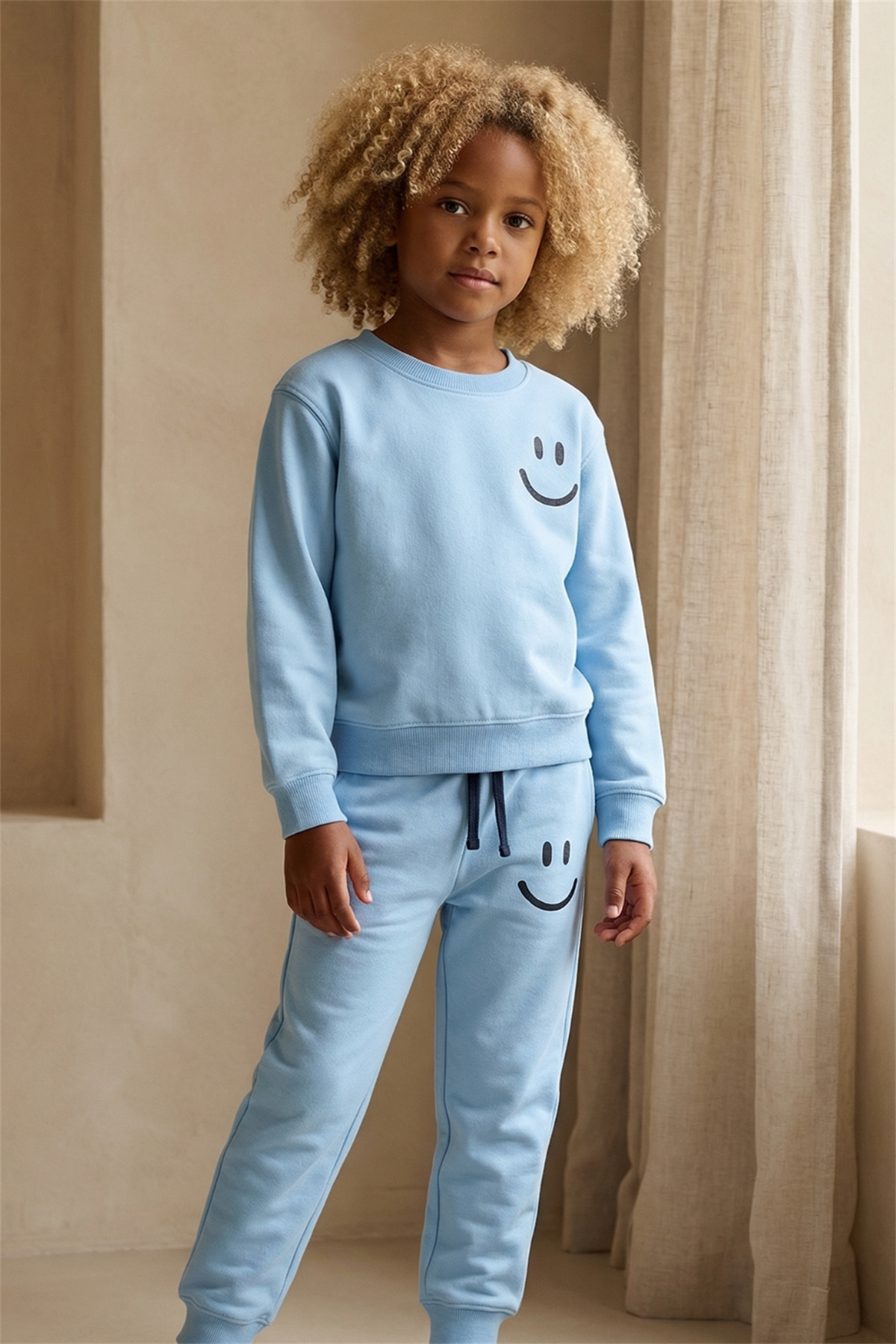 Childrens Smiling Face Printed Tracksuit Set Blue