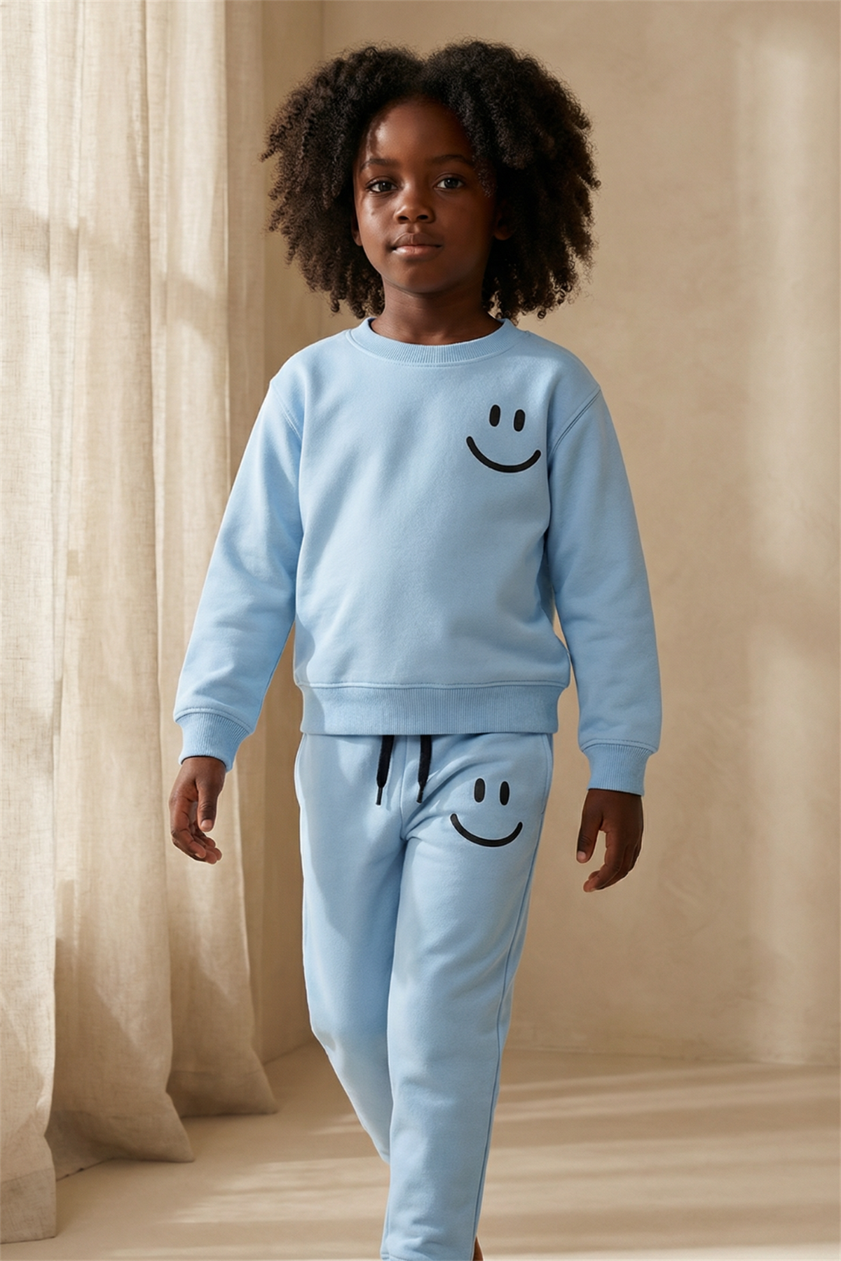 Childrens Smiling Face Printed Tracksuit Set Blue
