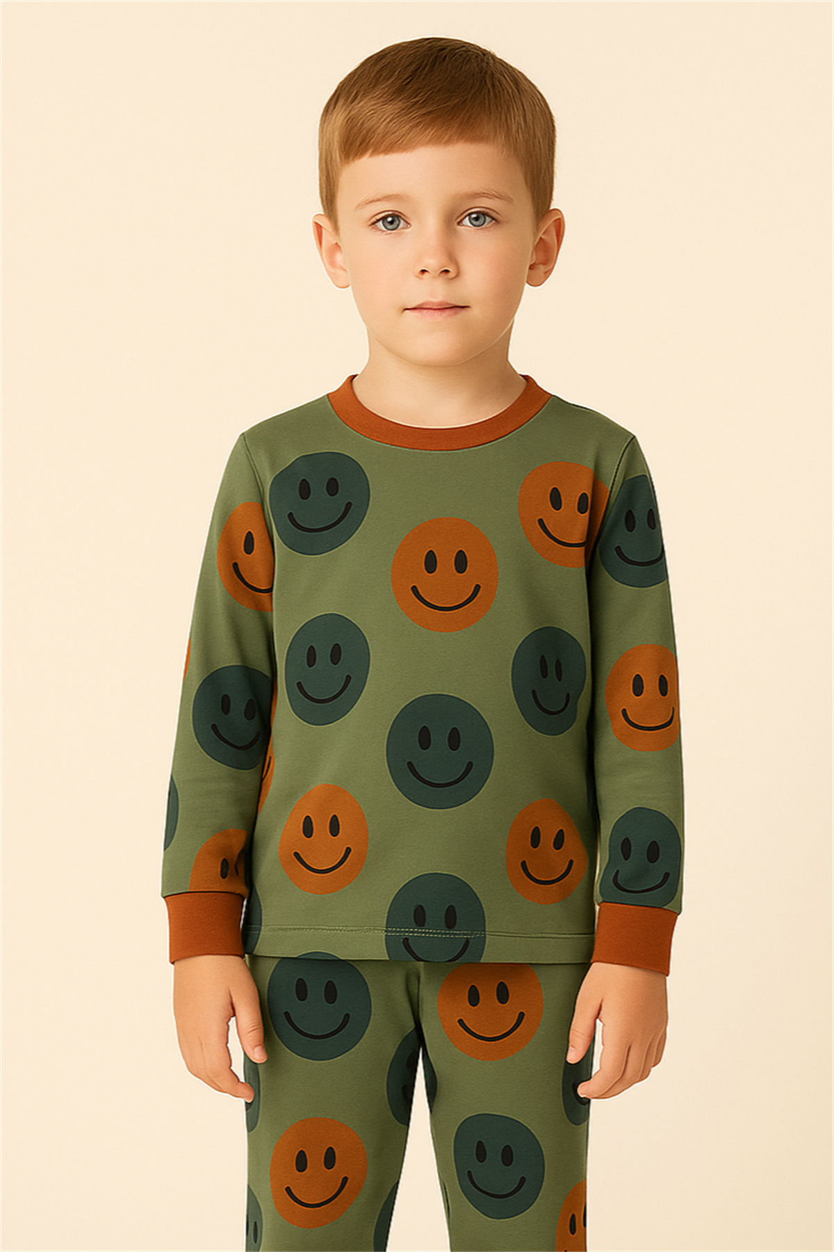 Çocuk Gülen Yüz Desenli Pijama Takımı Yeşil