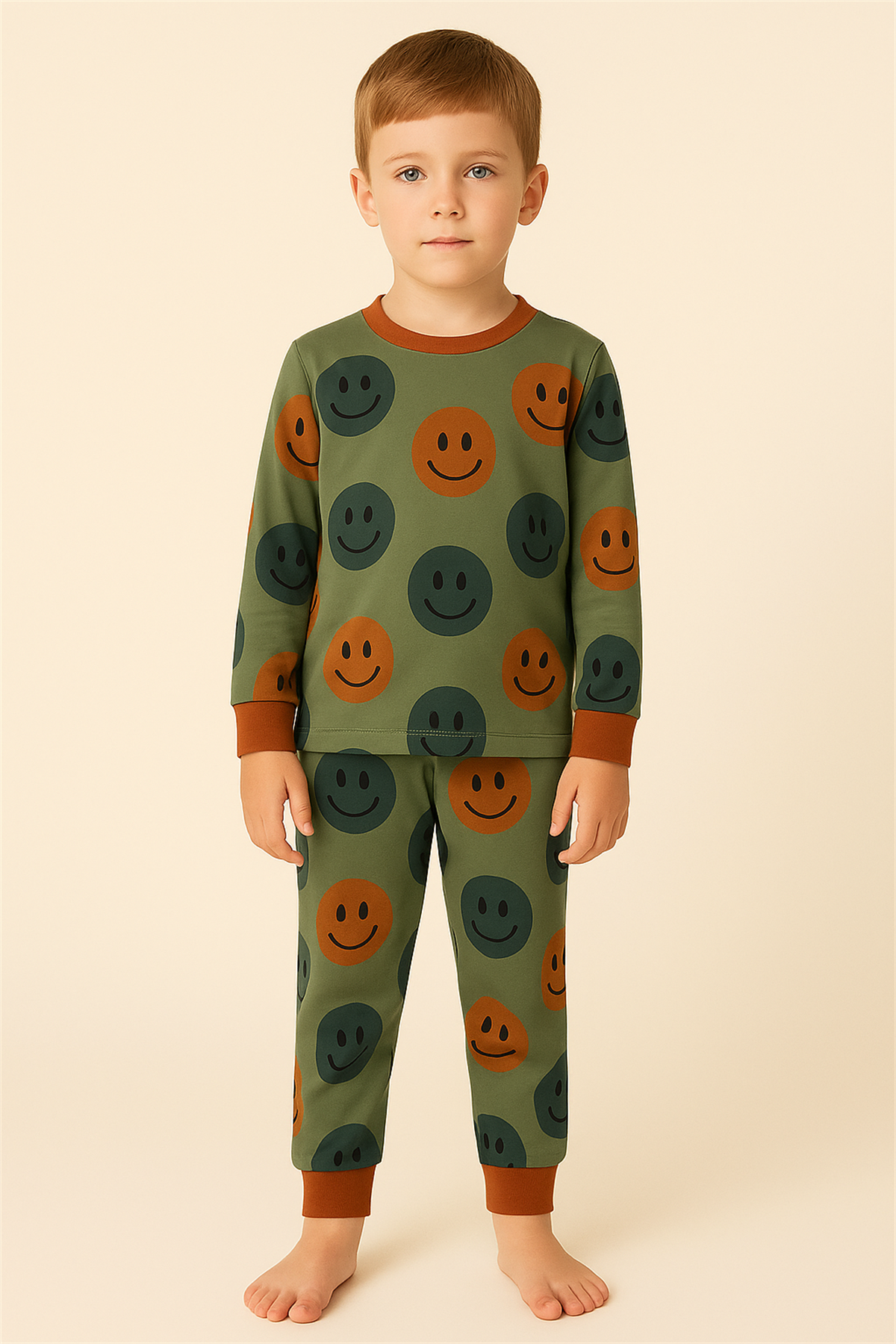 Çocuk Gülen Yüz Desenli Pijama Takımı Yeşil