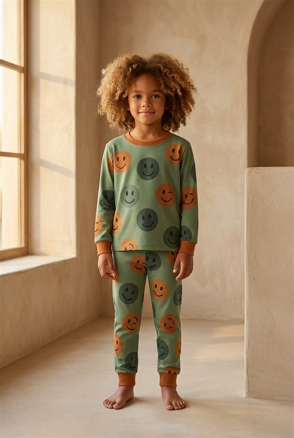 Çocuk Gülen Yüz Desenli Pijama Takımı Yeşil