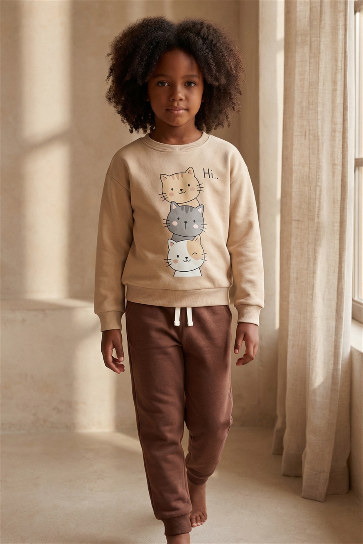 Childrens Cat Printed Tracksuit Set Beige