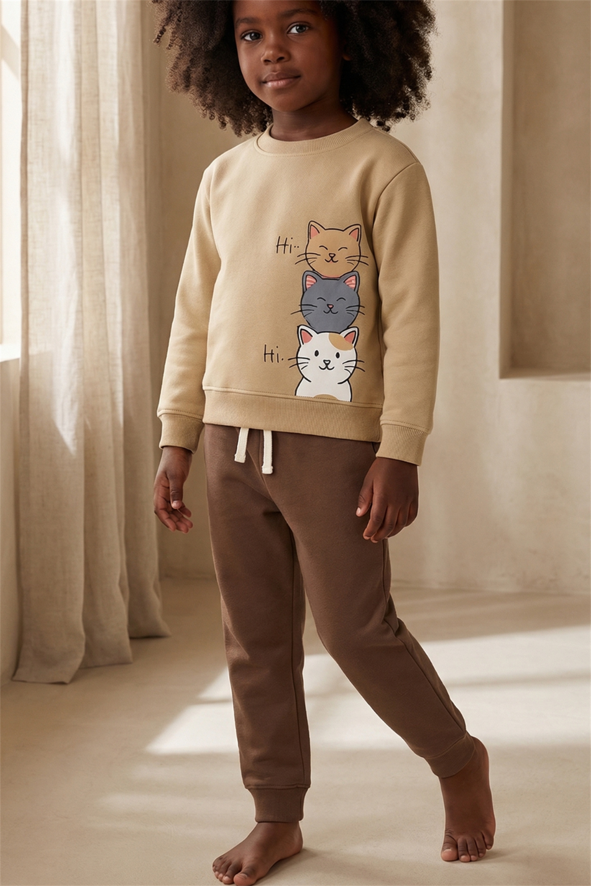 Childrens Cat Printed Tracksuit Set Beige