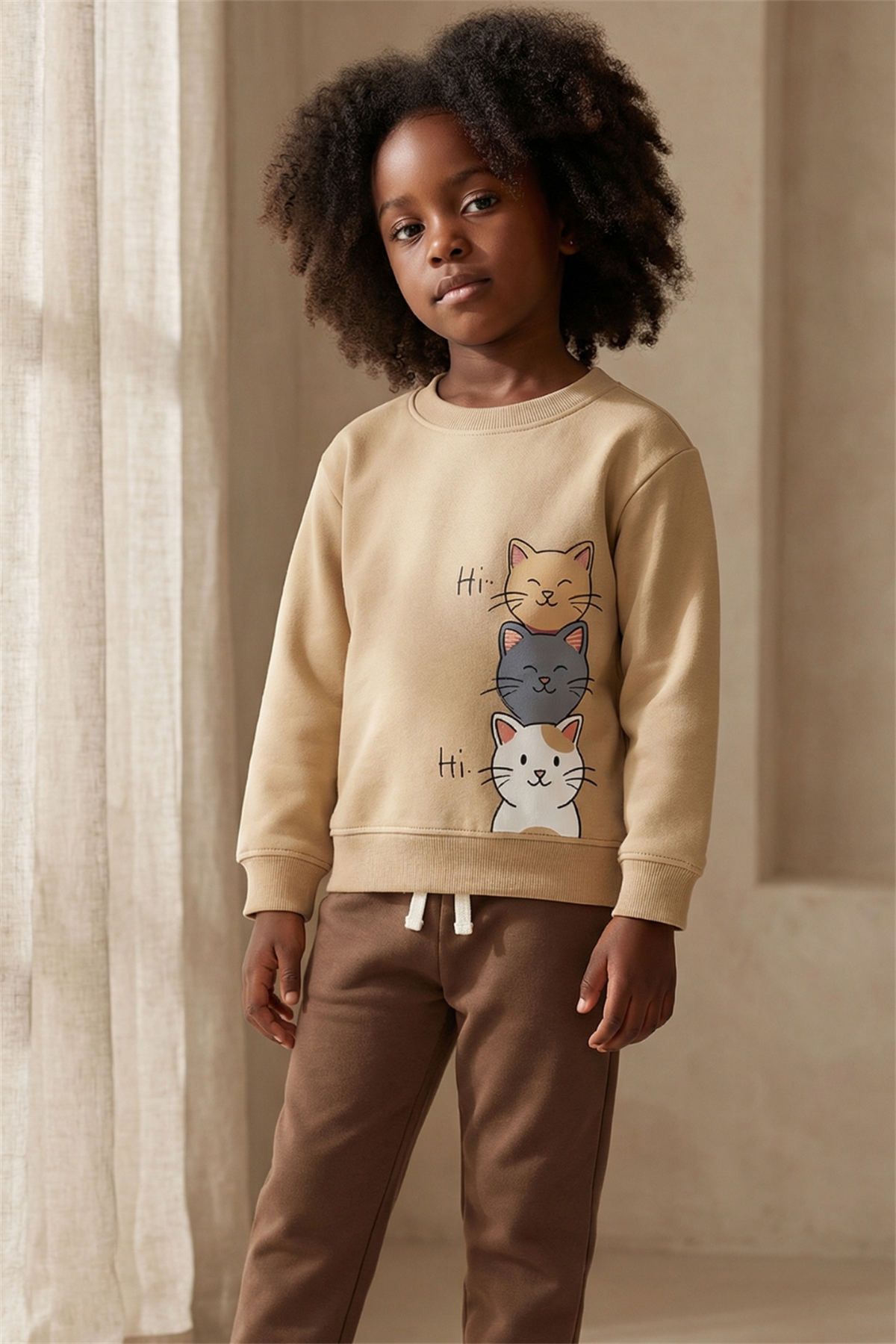 Childrens Cat Printed Tracksuit Set Beige