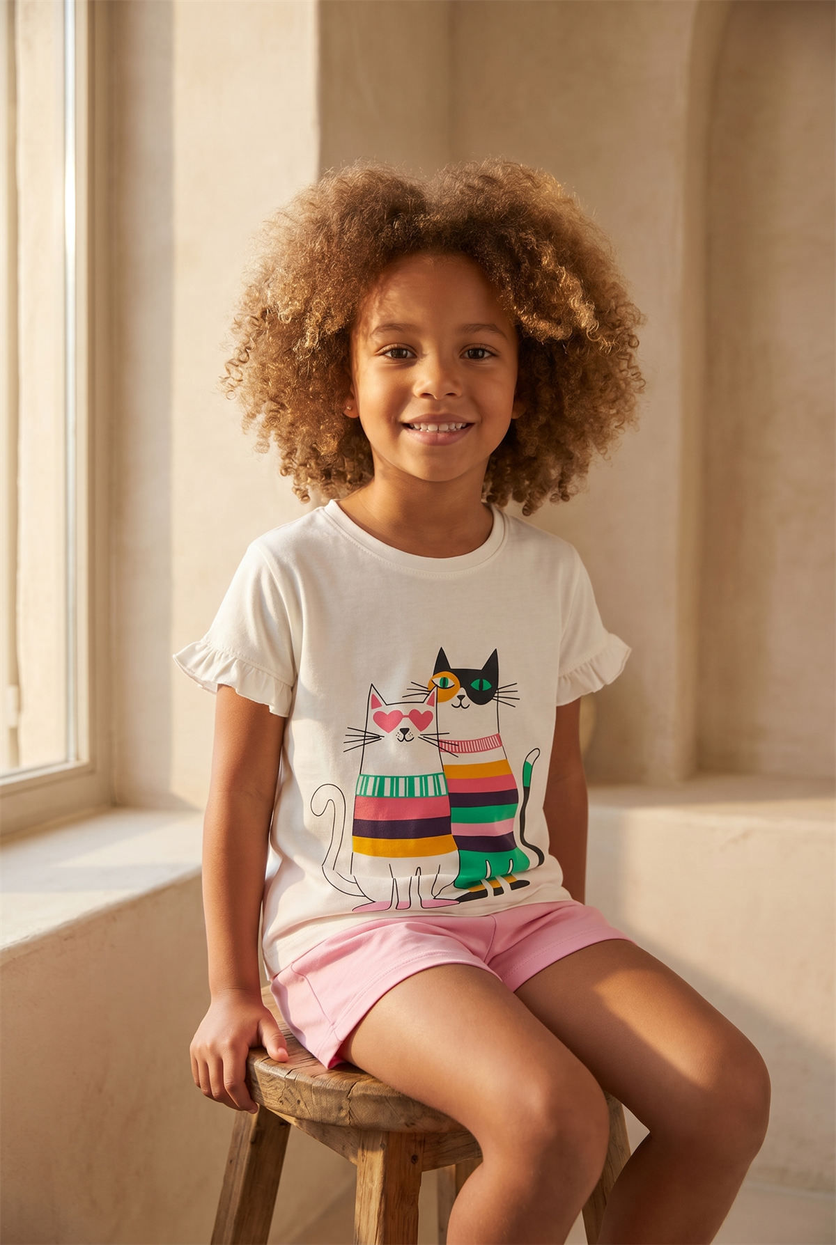 Çocuk Kedi Desenli Şortlu Pijama Takımı