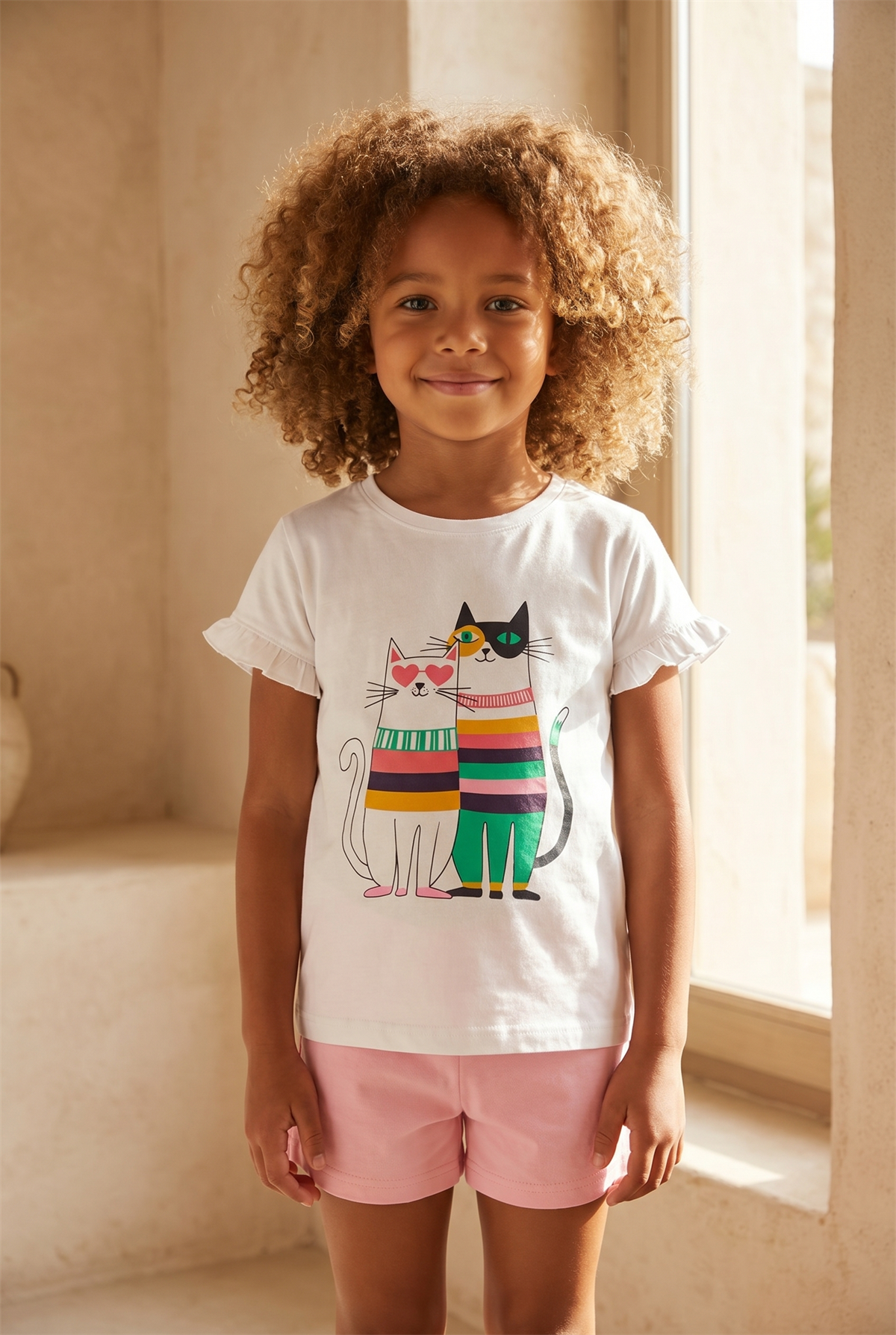 Çocuk Kedi Desenli Şortlu Pijama Takımı