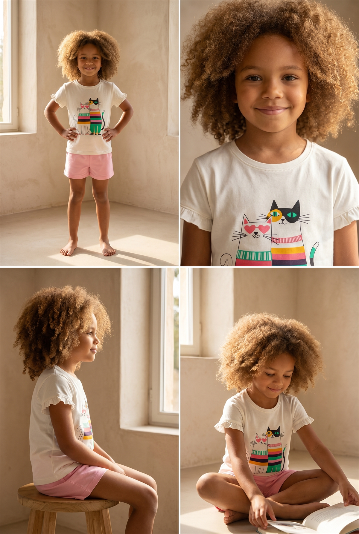 Çocuk Kedi Desenli Şortlu Pijama Takımı