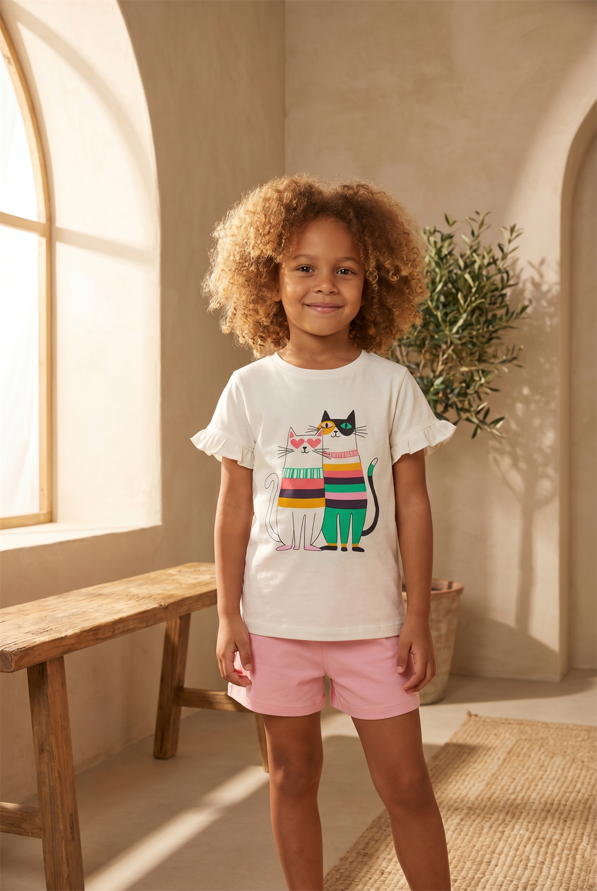 Çocuk Kedi Desenli Şortlu Pijama Takımı