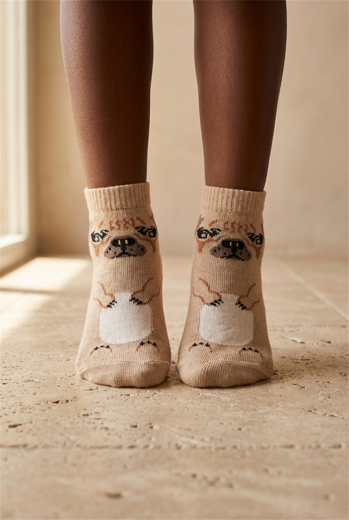 Çocuk Köpek Desenli Step Çorap Kahverengi