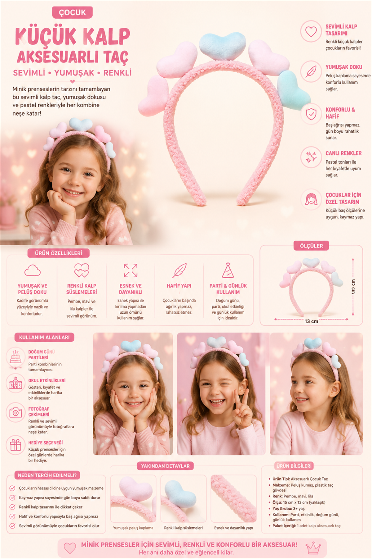 Çocuk  Küçük Kalp Aksesuarlı Taç Pembe 