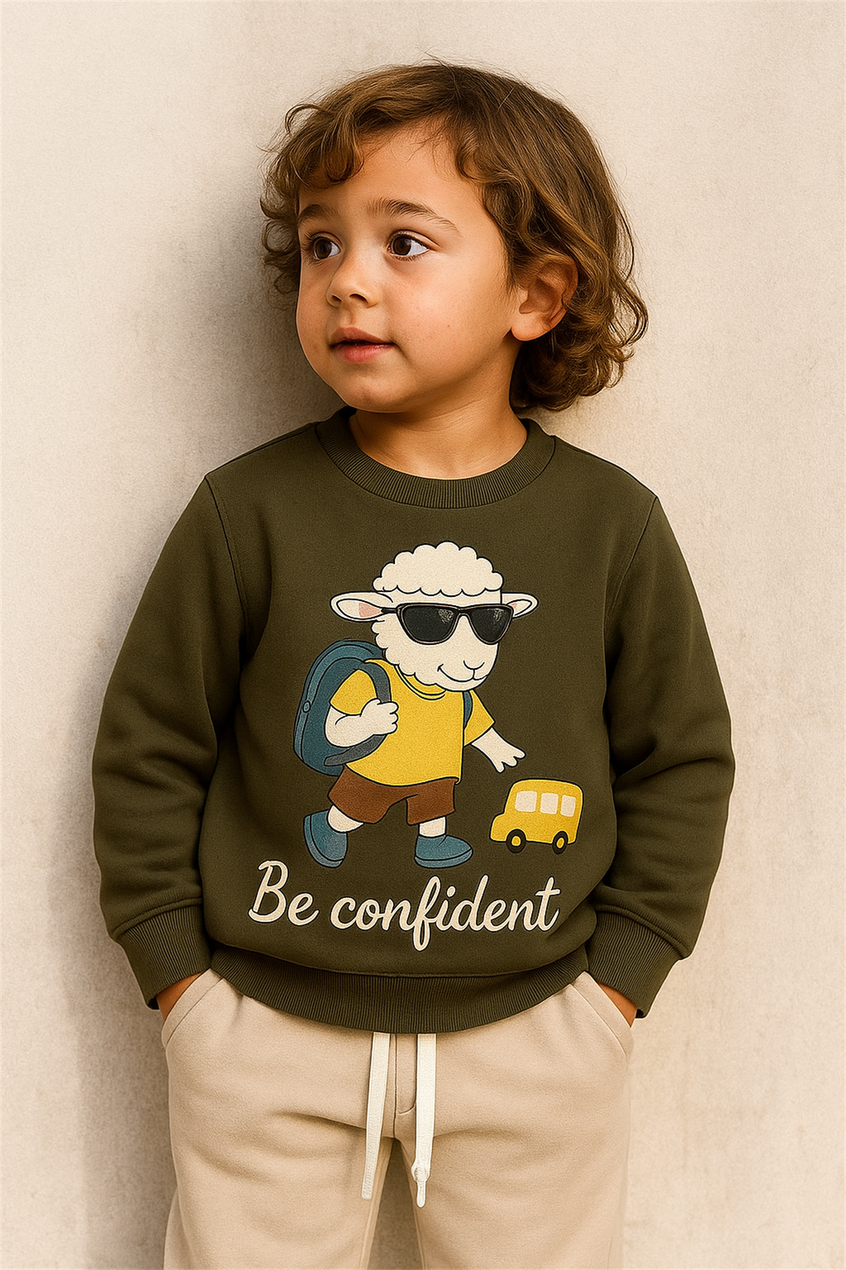 Çocuk Kuzu Baskılı Eşofman Takımı Haki