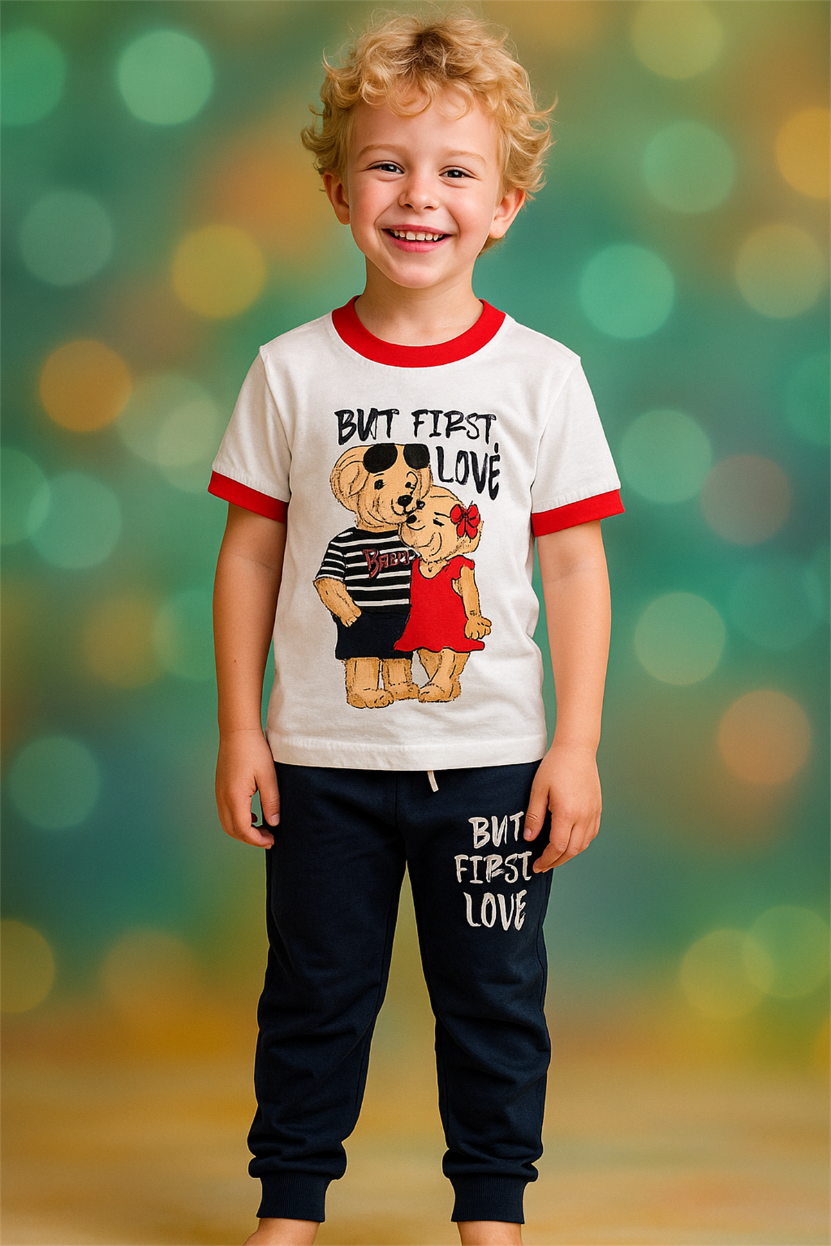 12512K2029 UYKUCU AYICIK KISA KOL PİJAMA TAKIM Desenli