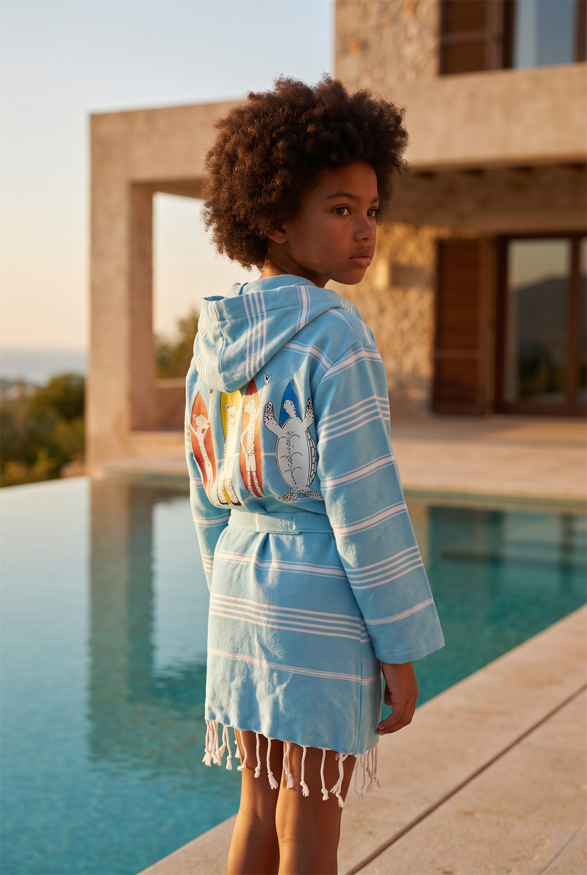 Childrens Blue Colored Surfboard Printed Peshtemal Bathrobe