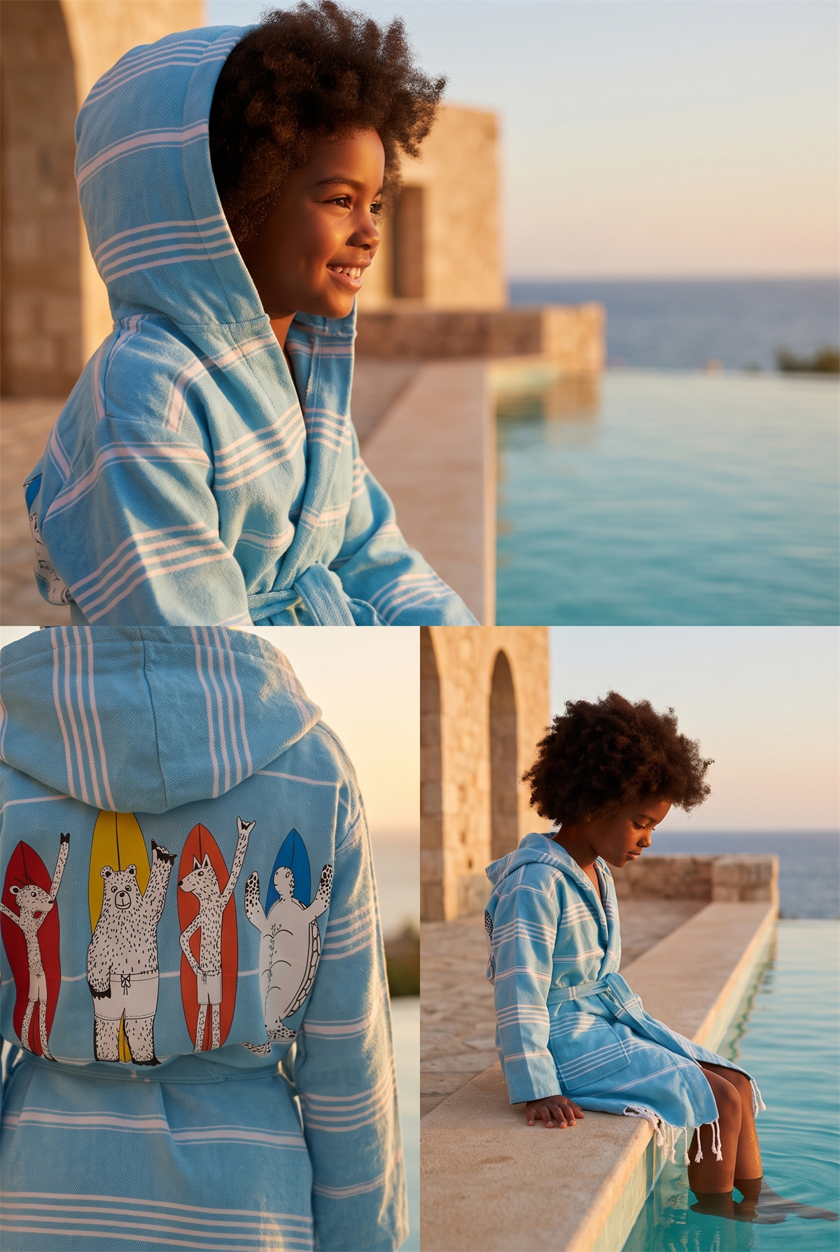 Childrens Blue Colored Surfboard Printed Peshtemal Bathrobe