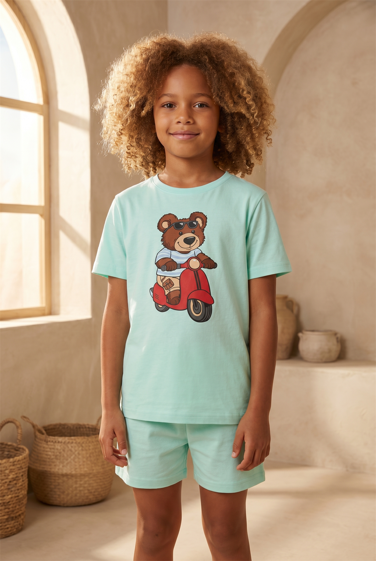 Çocuk Motorlu Teddy Desenli Şortlu Pijama Takımı