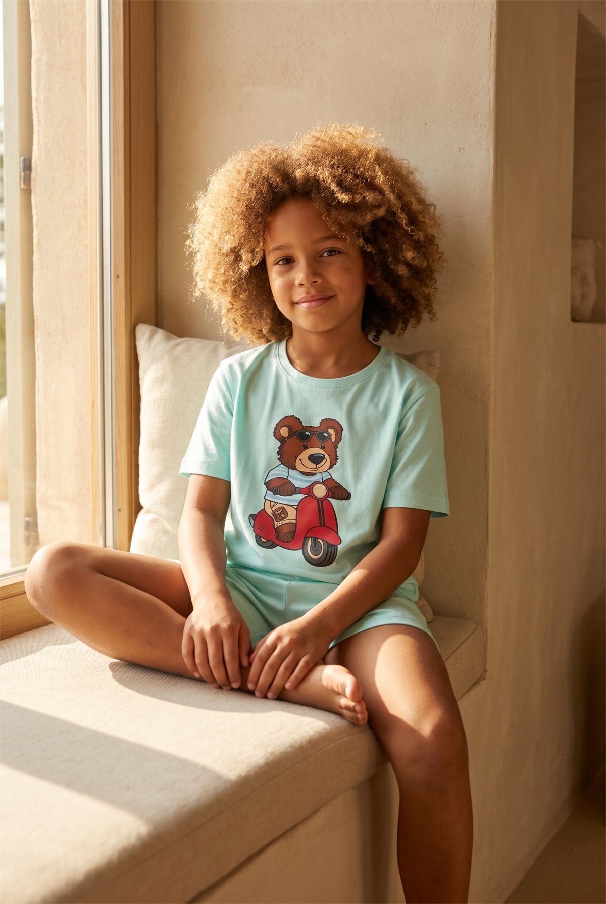 Çocuk Motorlu Teddy Desenli Şortlu Pijama Takımı