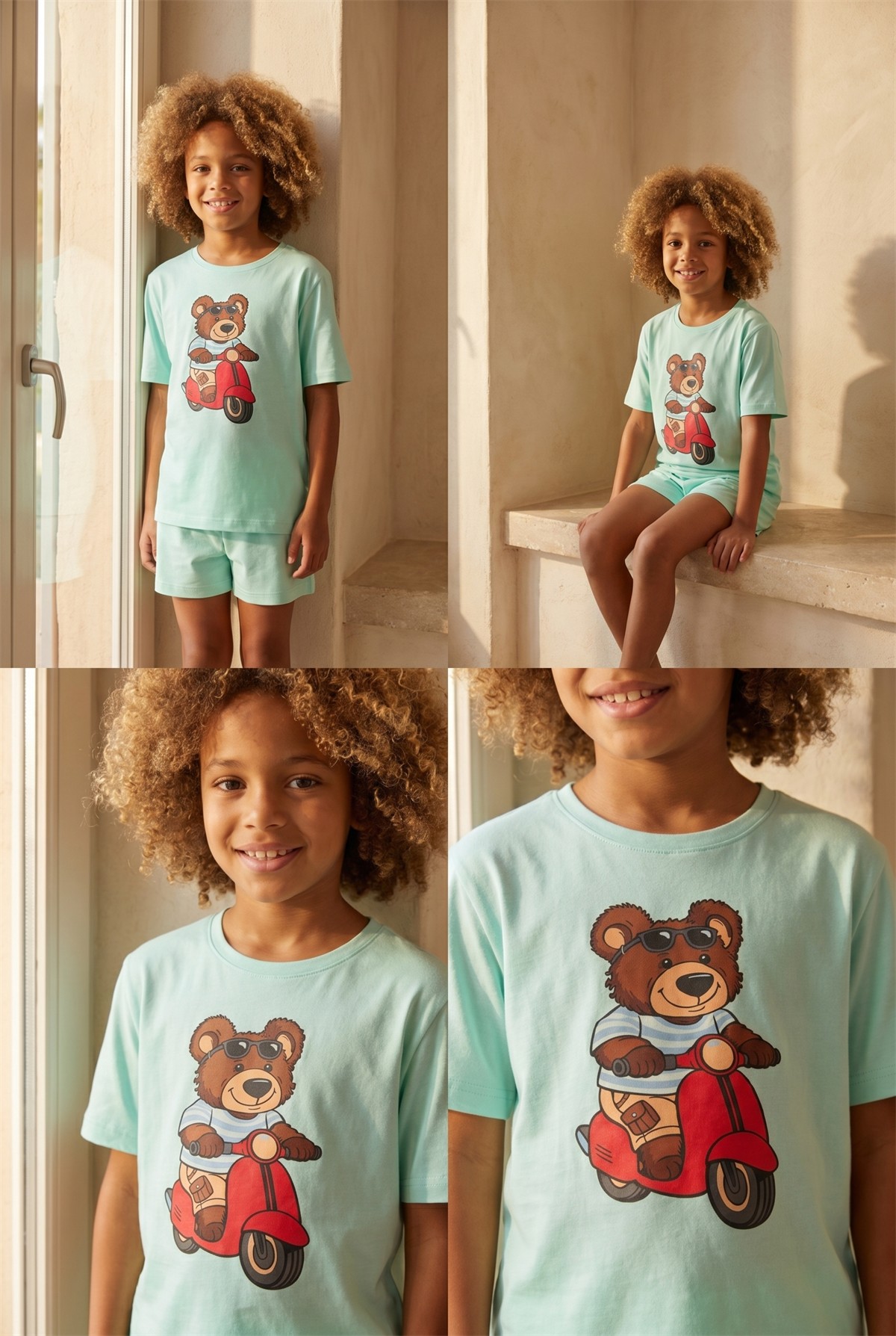 Çocuk Motorlu Teddy Desenli Şortlu Pijama Takımı