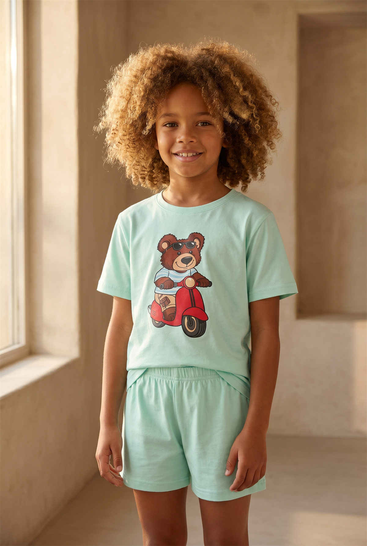 Çocuk Motorlu Teddy Desenli Şortlu Pijama Takımı