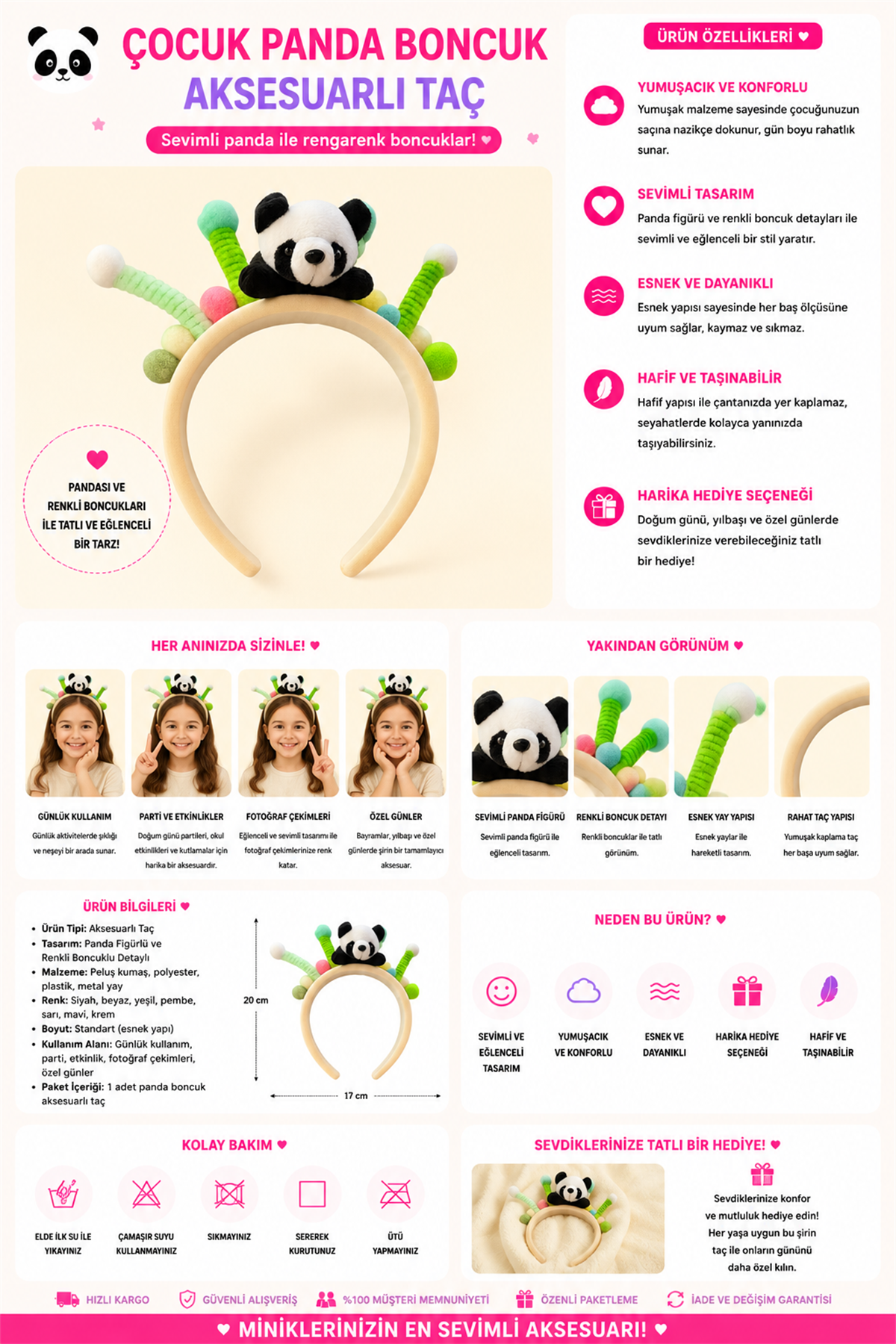 Çocuk Panda Boncuk Aksesuarlı Taç