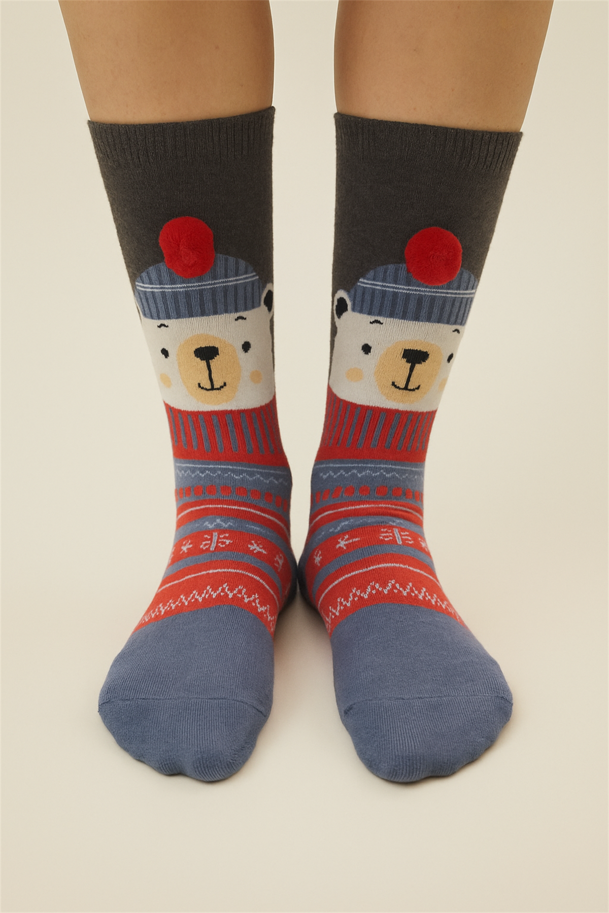 Childrens Pom-Pom Detailed Bear Christmas Sock in Gray Melange
