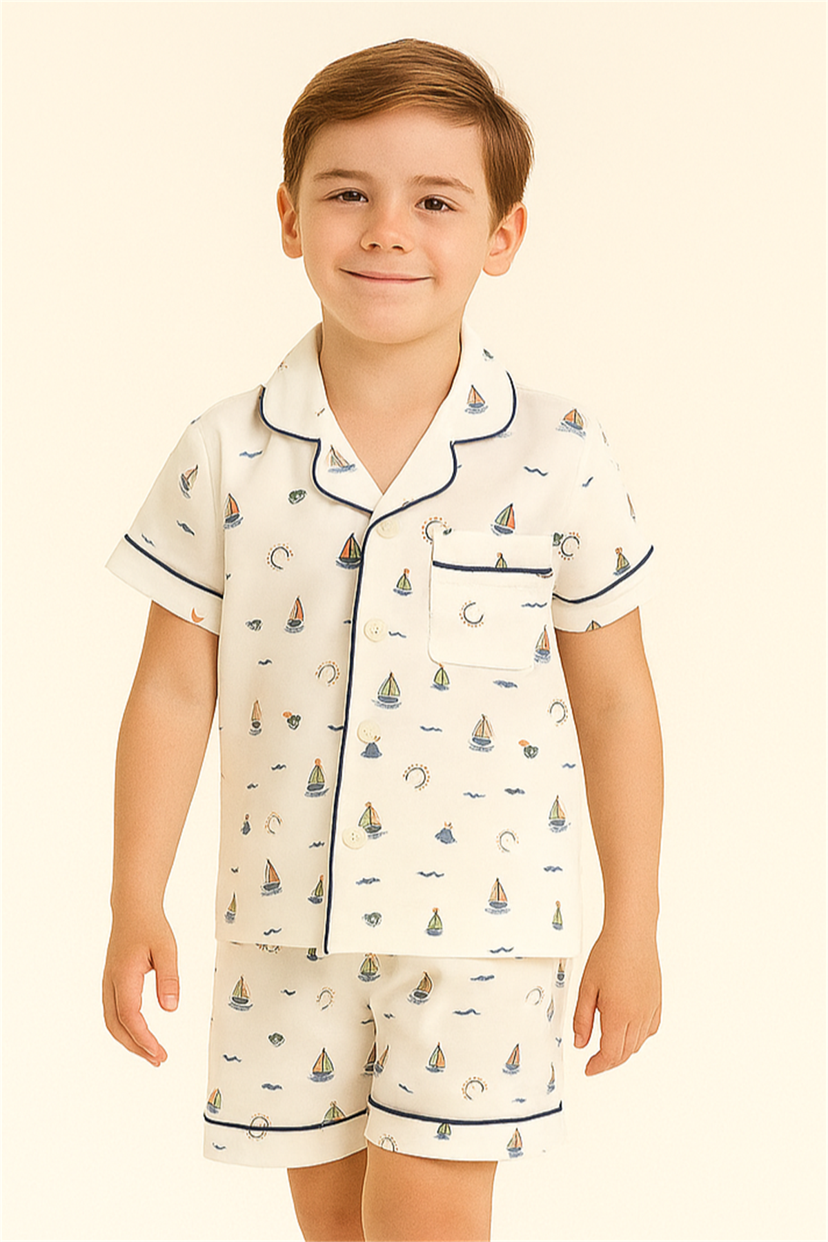 Çocuk Seageo Yelken Desenli Düğmeli Şortlu Pijama Takımı Ekru