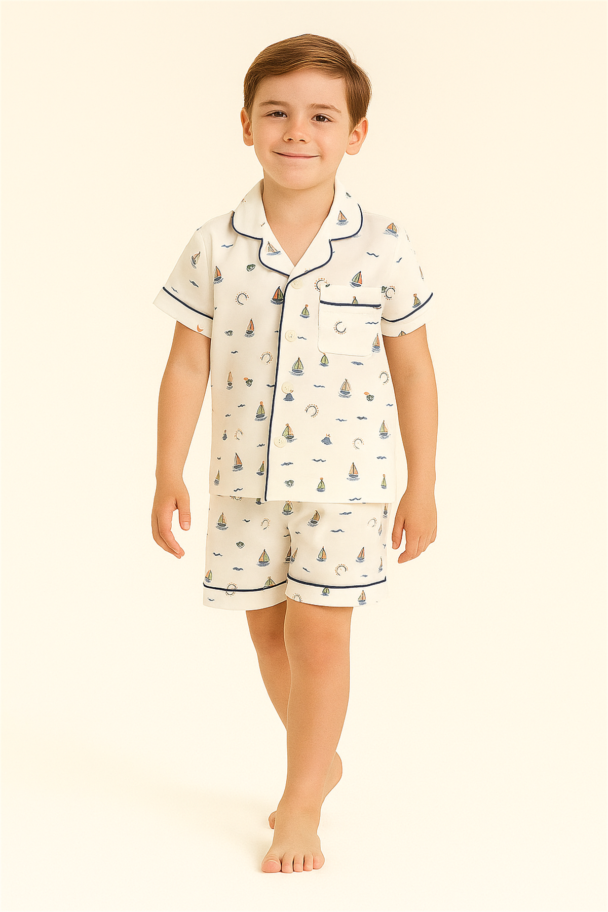 Çocuk Seageo Yelken Desenli Düğmeli Şortlu Pijama Takımı Ekru
