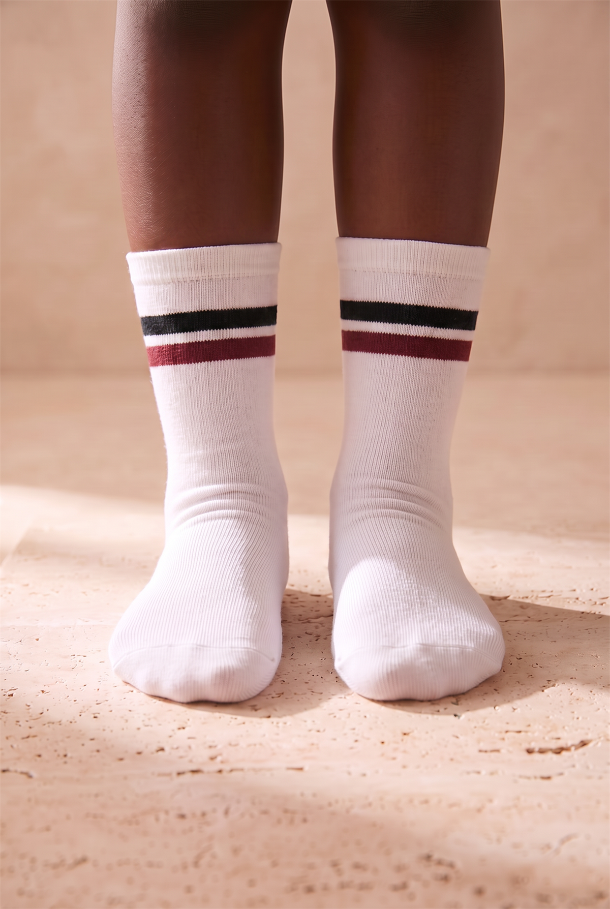 Çocuk Şerit Desenli Pamuklu Soket Çorap Beyaz
