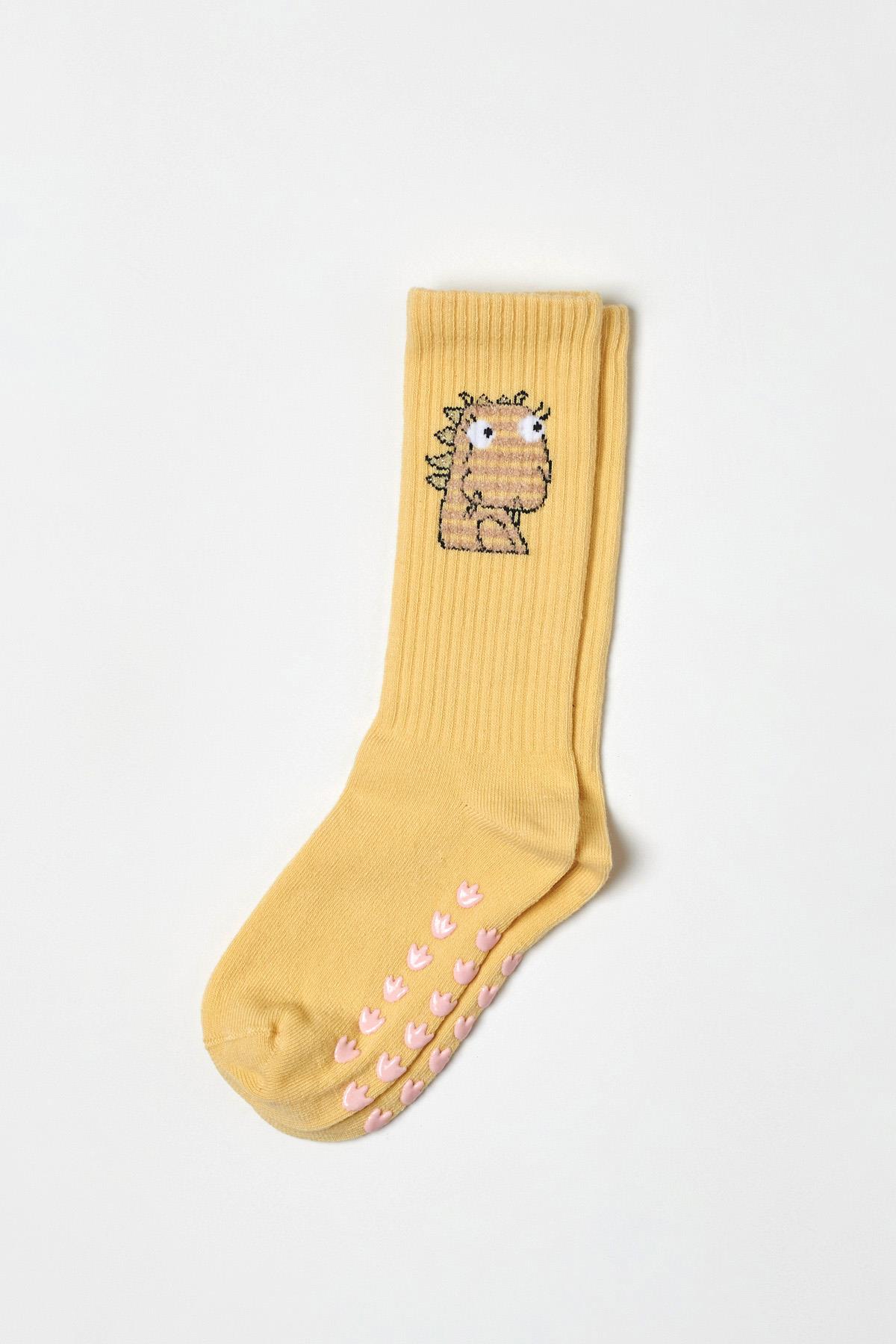 Çocuk Sevimli Dinozor Desenli Soket Çorap Sarı