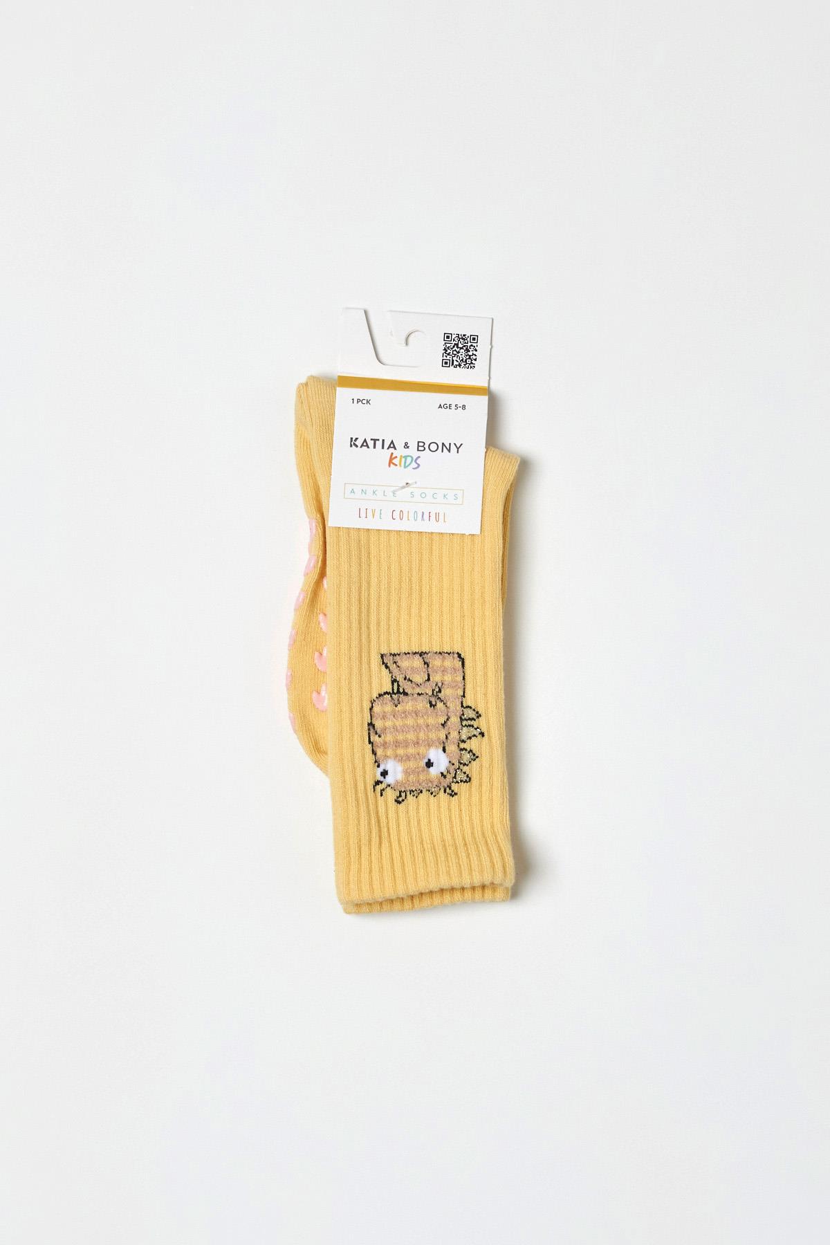 Çocuk Sevimli Dinozor Desenli Soket Çorap Sarı