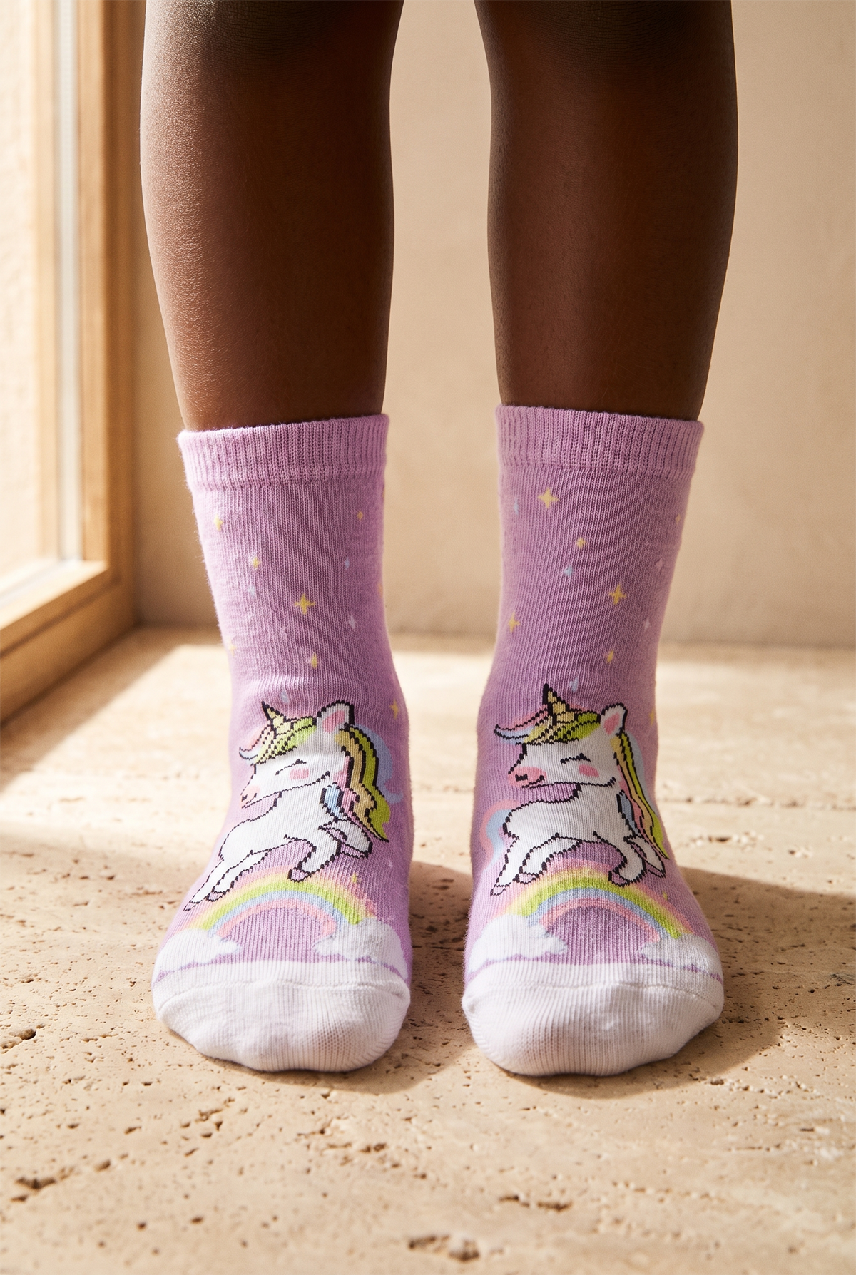 Çocuk Sevimli Unicorn Desenli Pamuklu Soket Çorap Lila