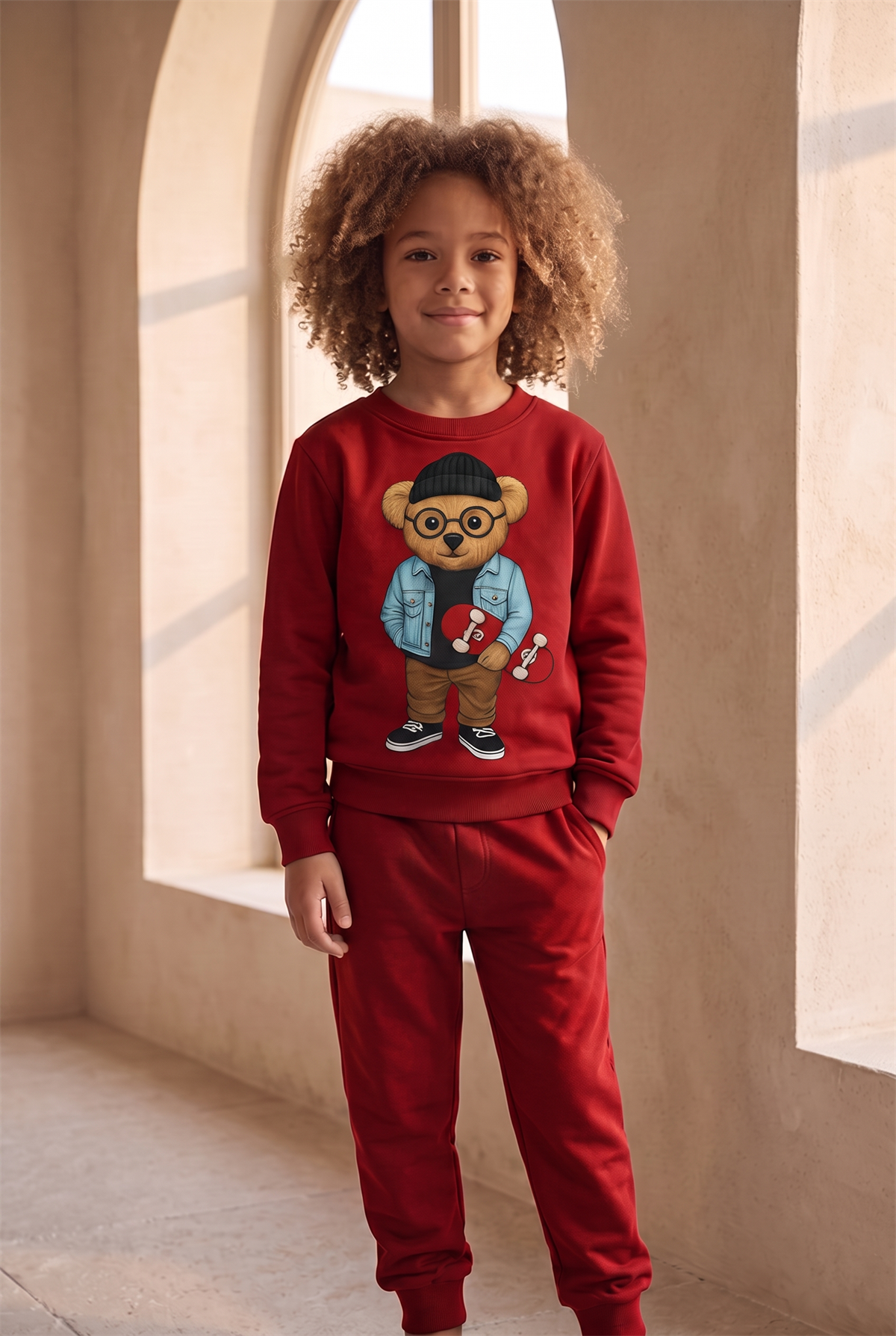Çocuk Teddy Desenli Eşofman Takımı Bordo