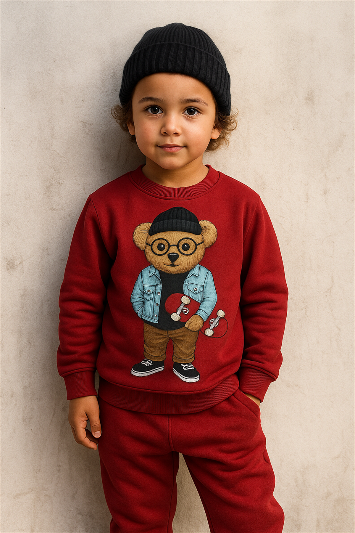 Çocuk Teddy Desenli Eşofman Takımı Bordo