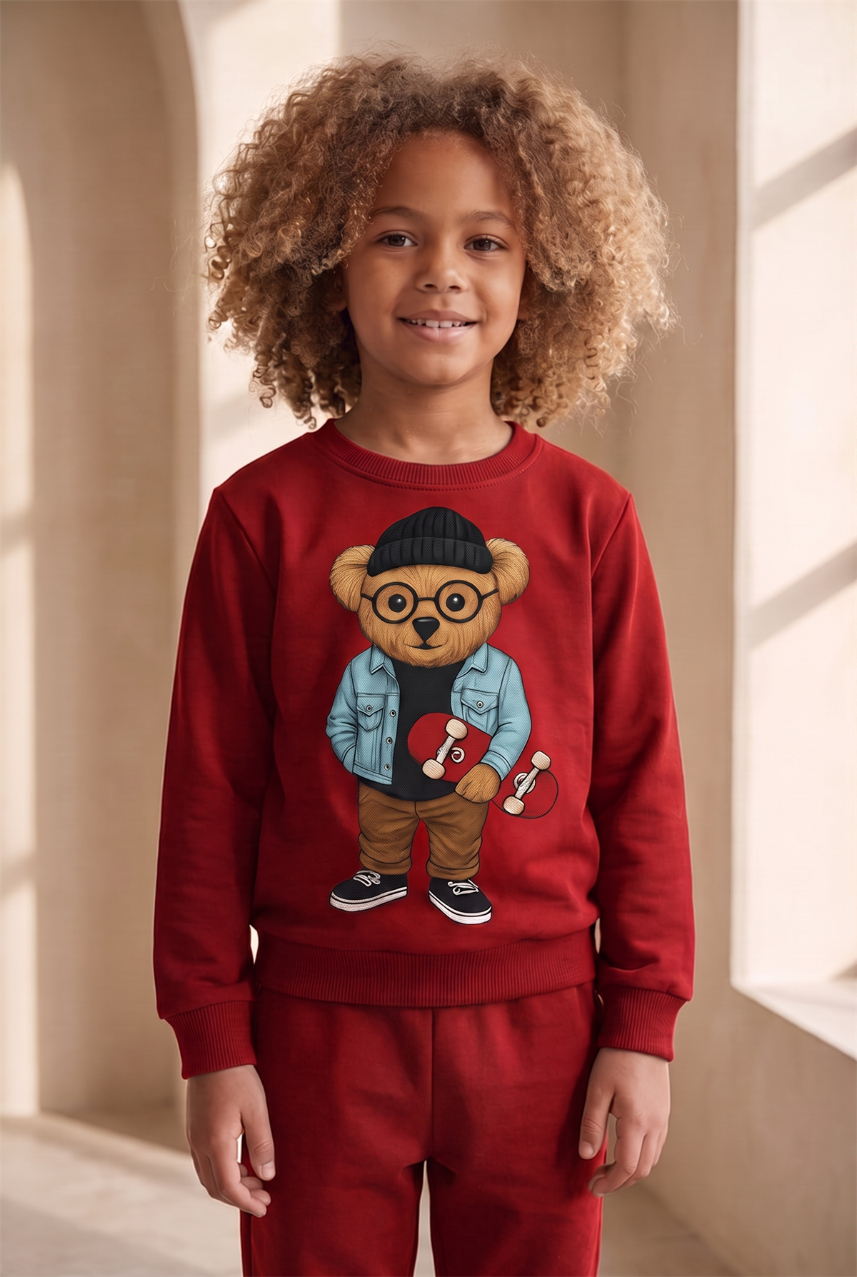 Çocuk Teddy Desenli Eşofman Takımı Bordo