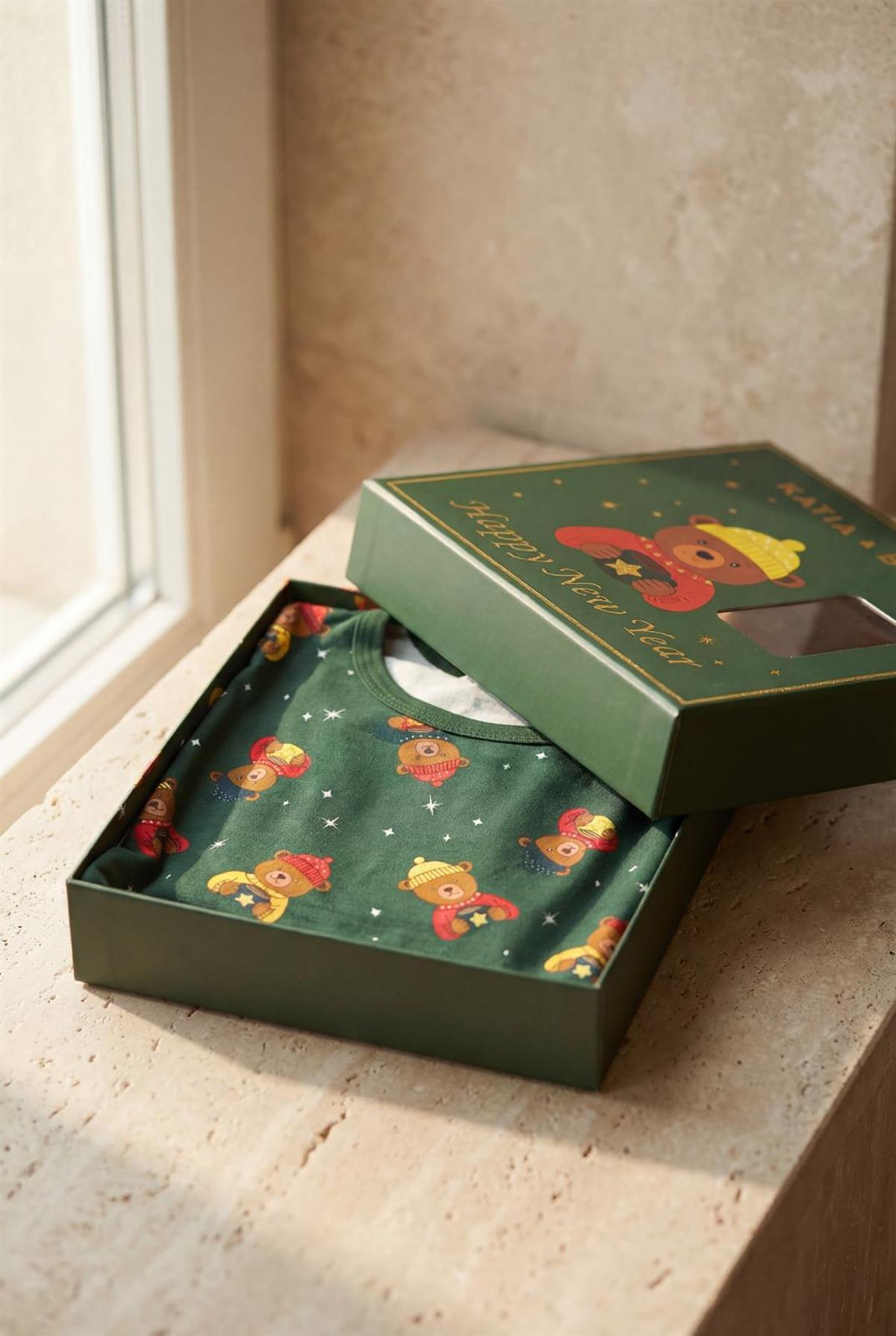 Çocuk Teddy Desenli Kutulu Yılbaşı Pijama Takımı Yeşil