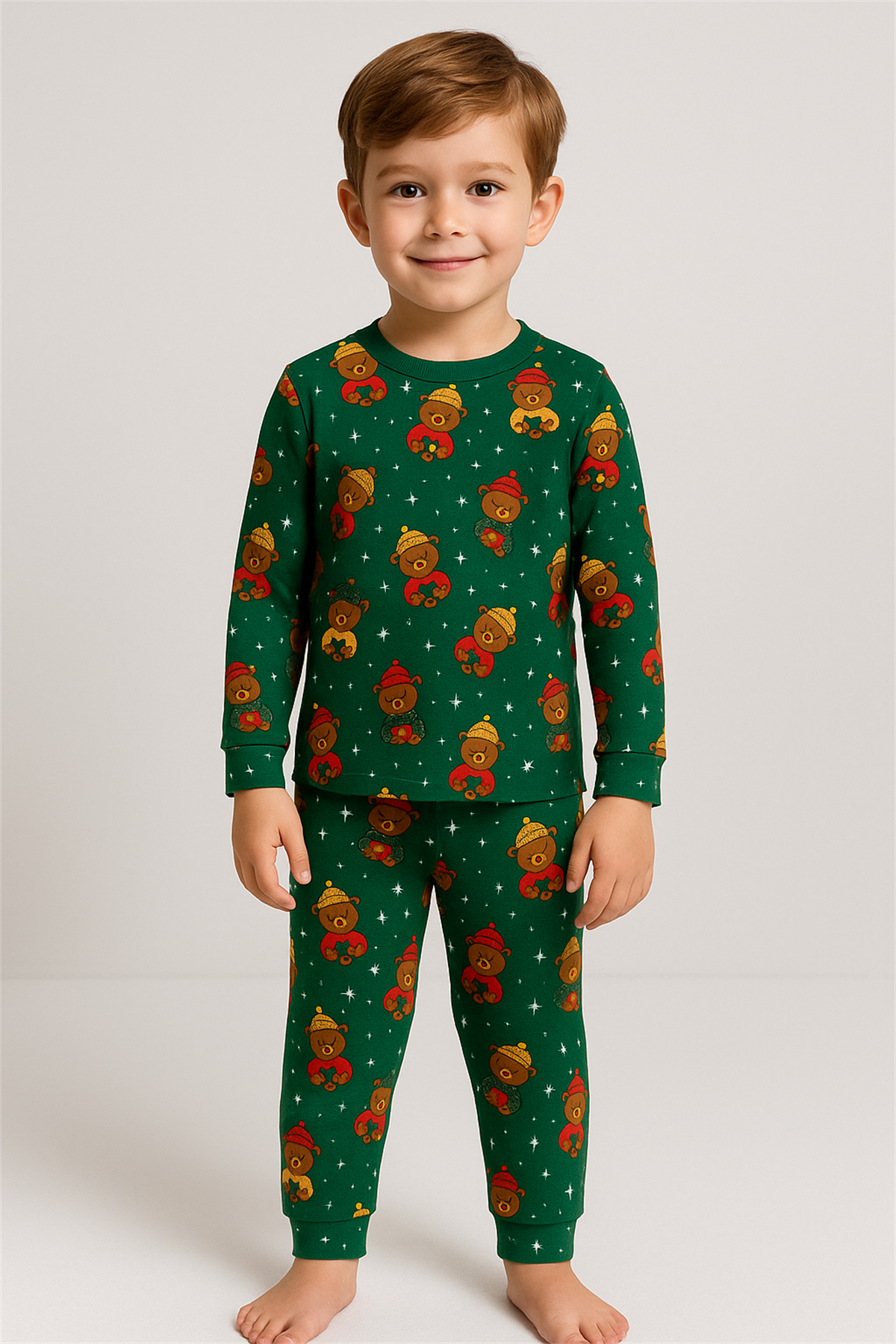 Çocuk Teddy Desenli Kutulu Yılbaşı Pijama Takımı Yeşil
